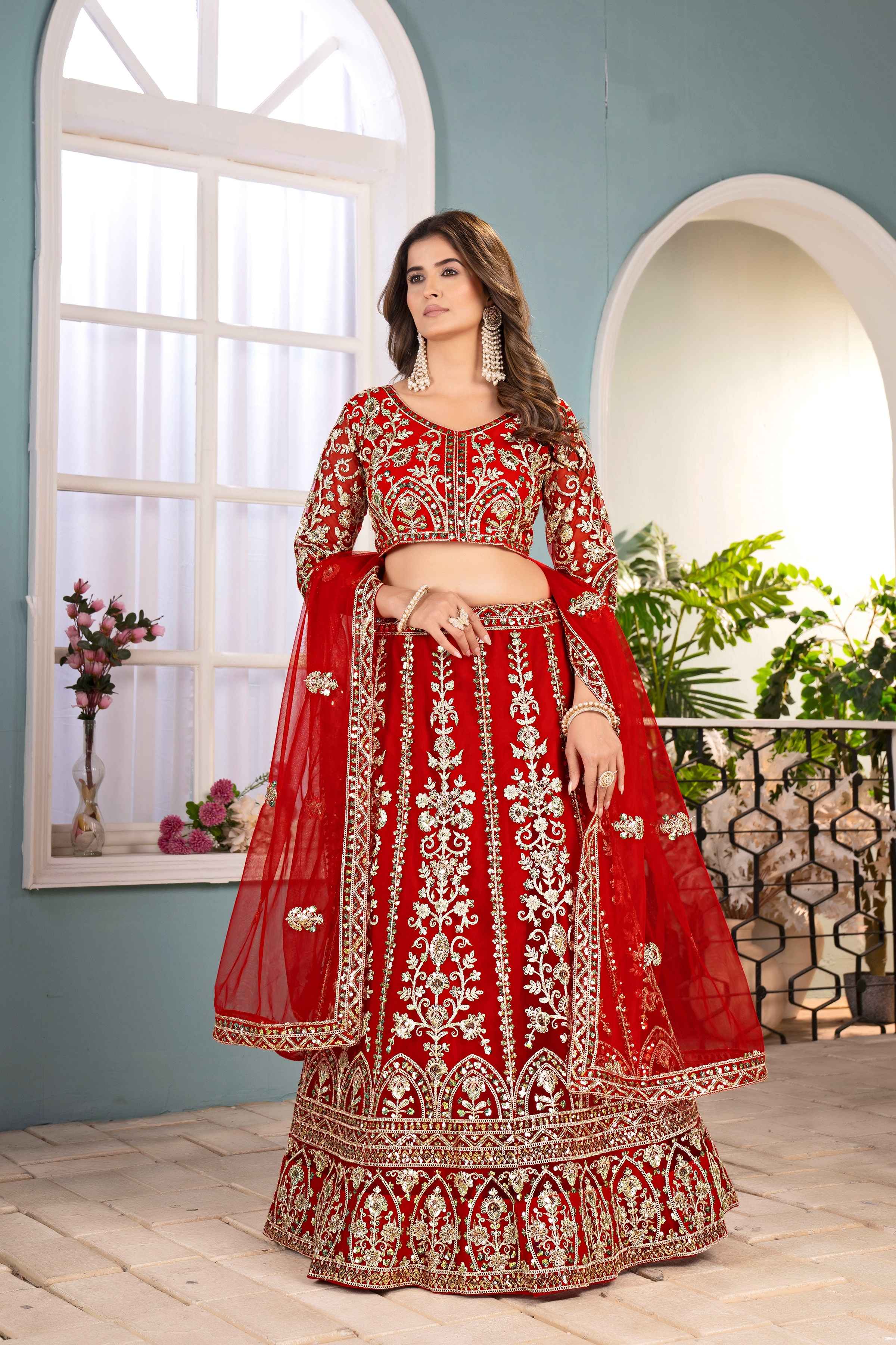 Incredible Red Net EmbroiderdCodding Designer Bridal Wear Lehanga Set