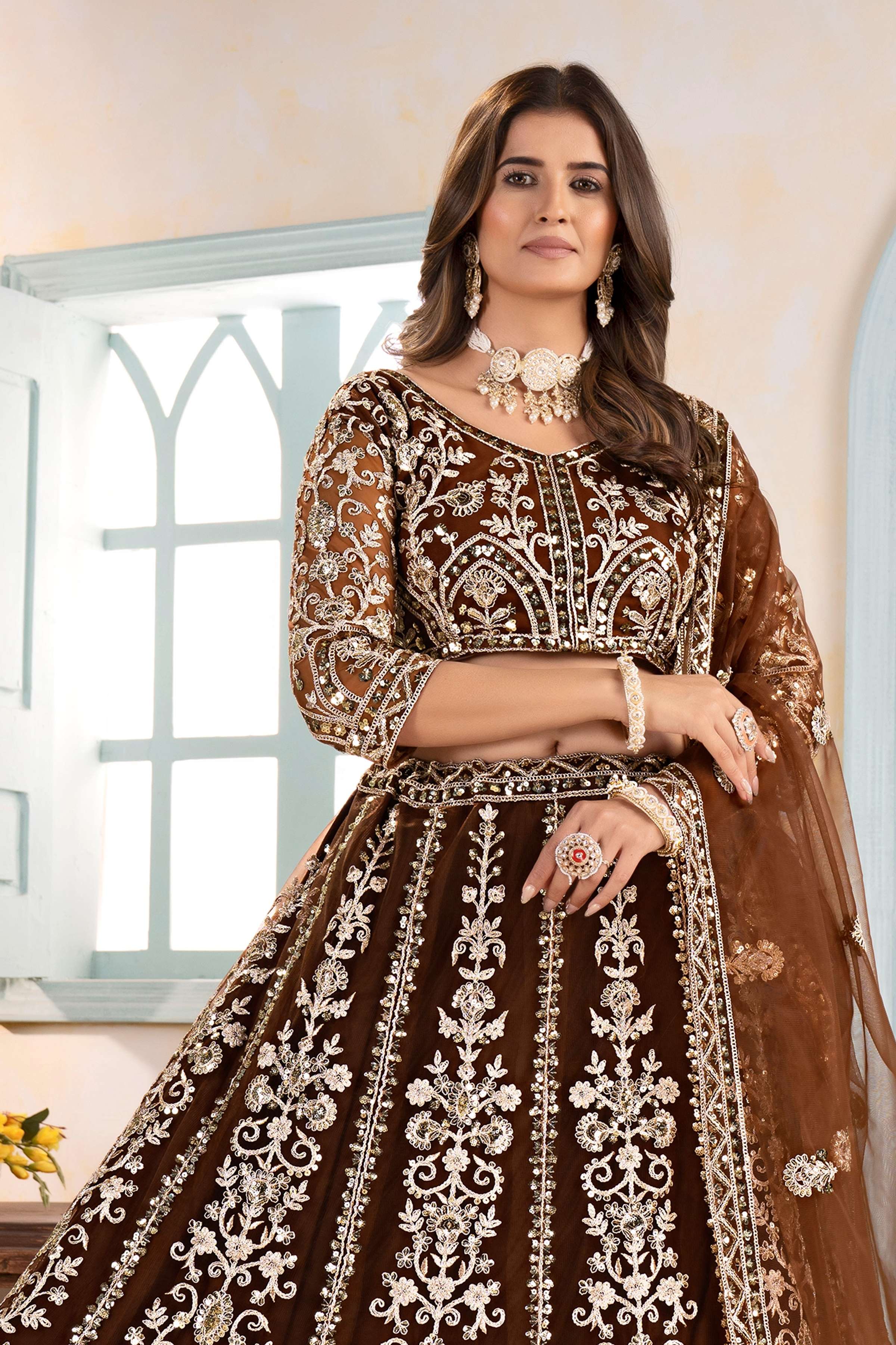 Enchanting Brown Golden Net Embroiderde Codding Designer Bridal Wear Lehanga Set