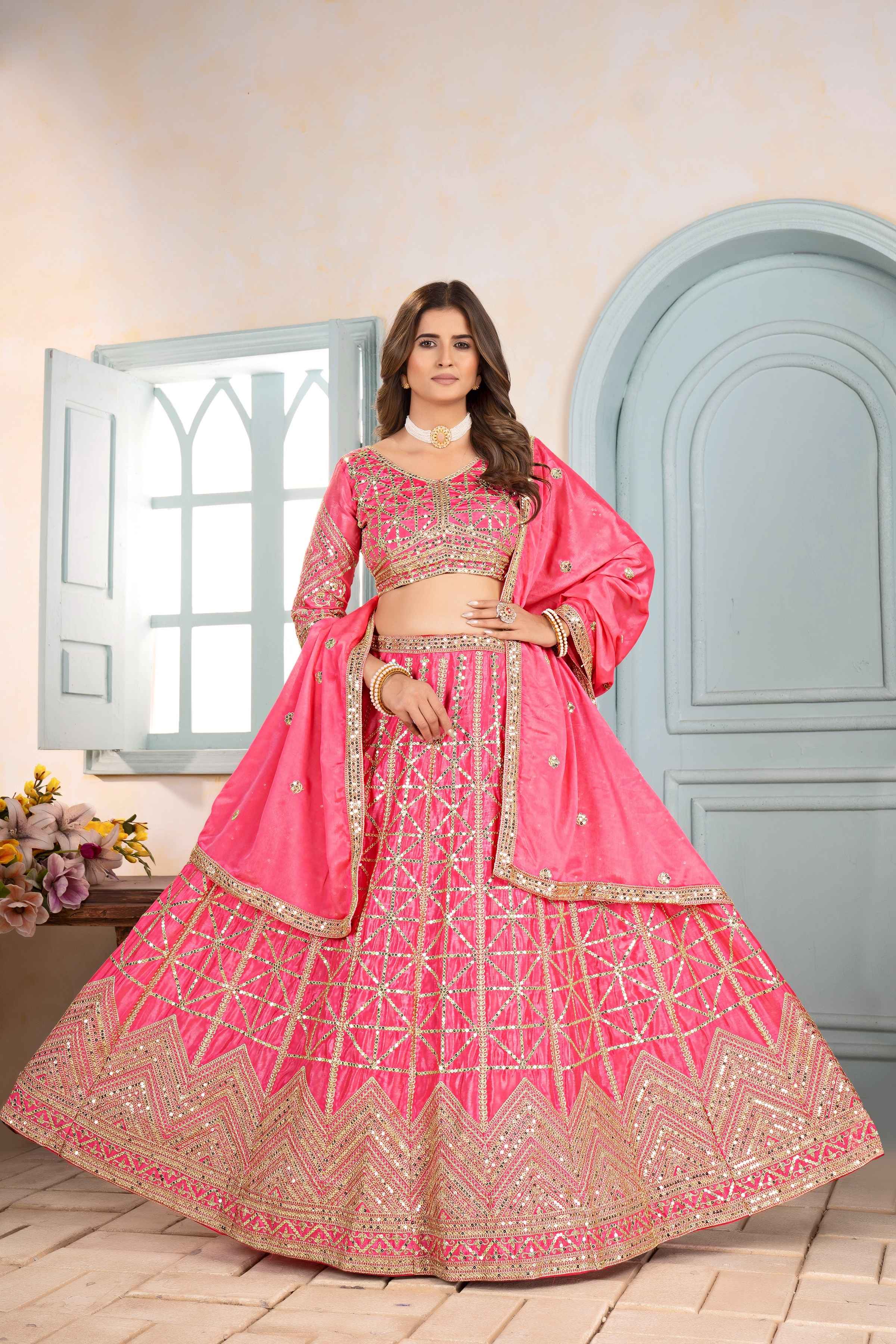 Vibrant Pink Embroidery Sequence Designer Bridal Wear Lehenga Choli With Dupatta