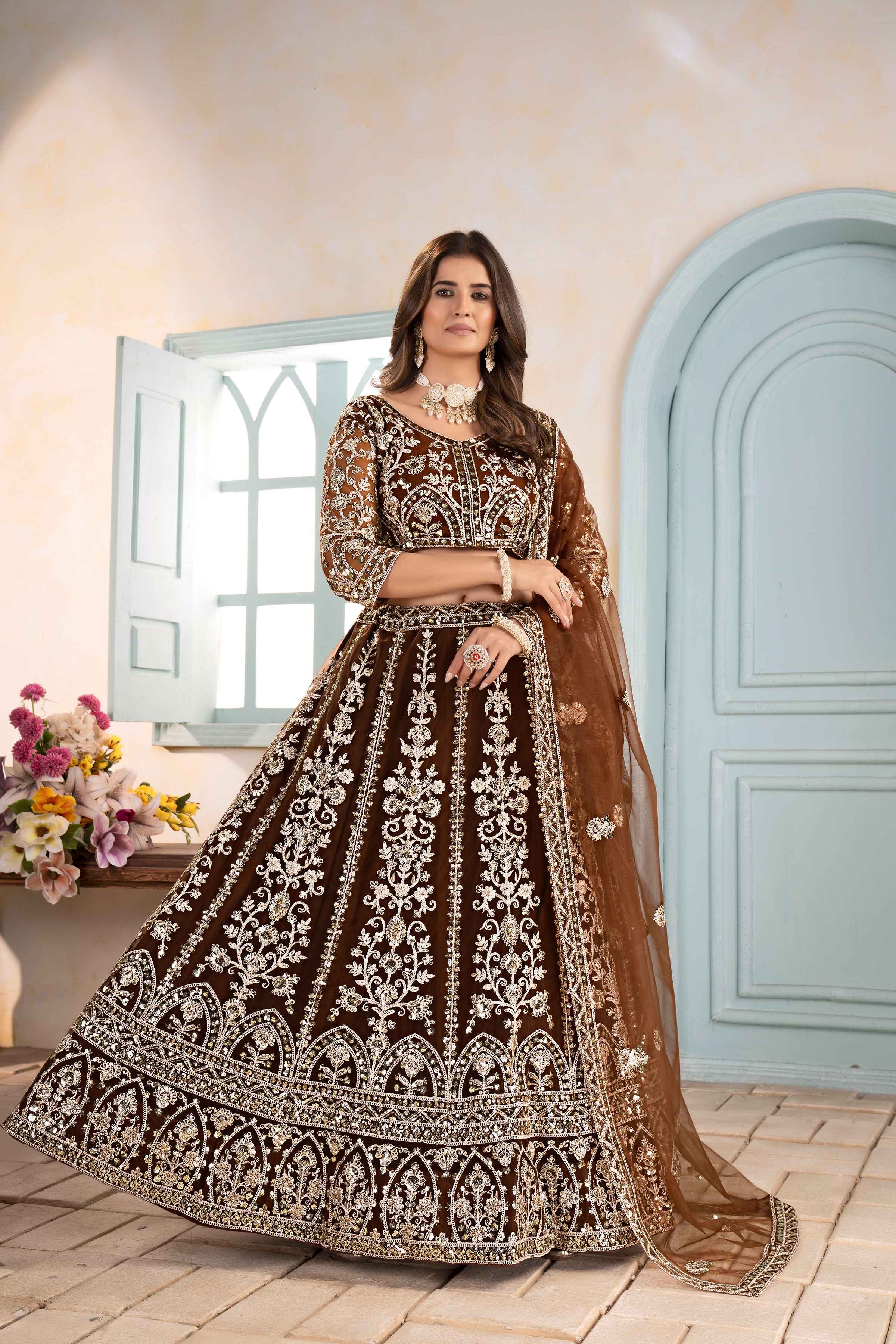 Enchanting Brown Golden Net Embroiderde Codding Designer Bridal Wear Lehanga Set