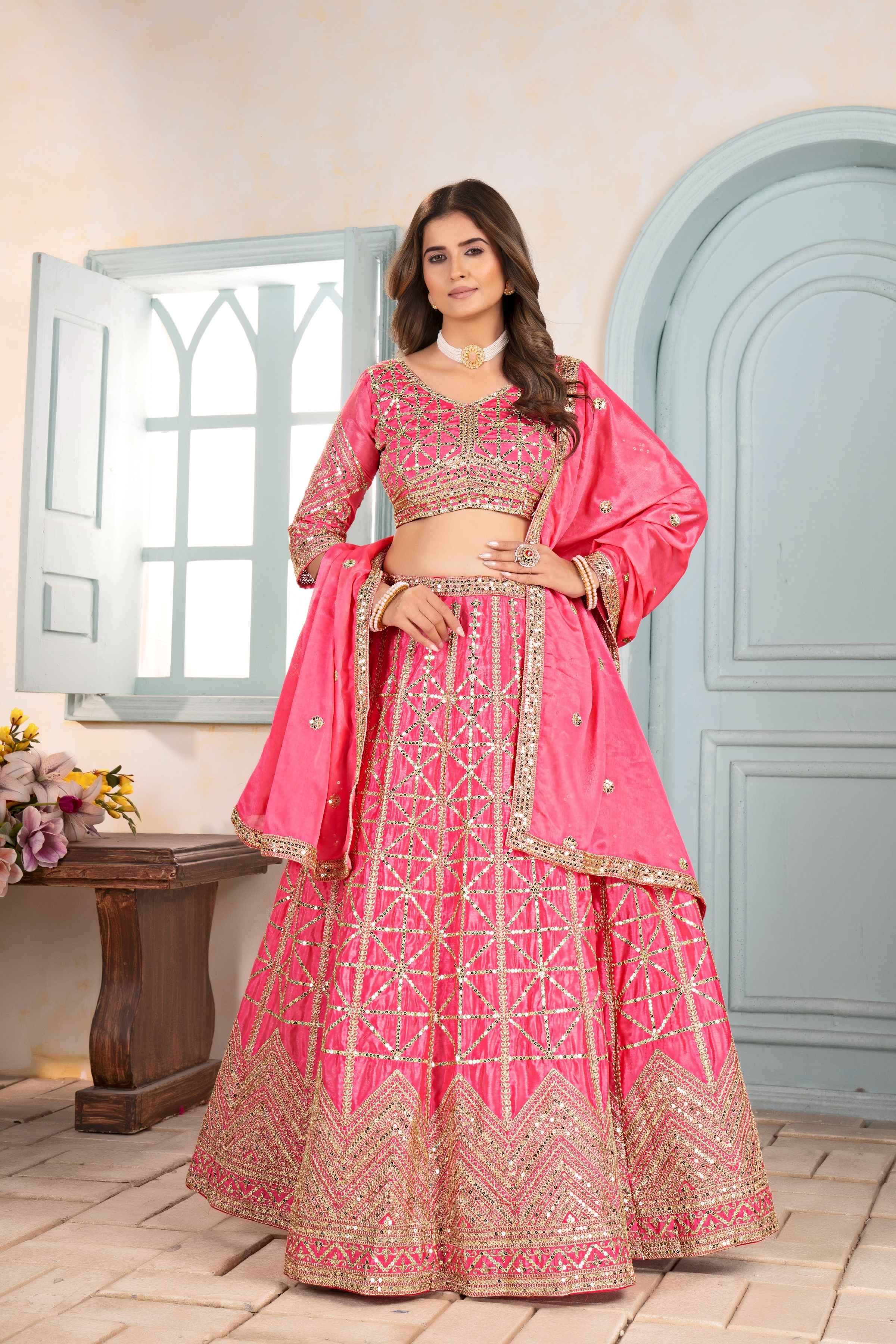 Vibrant Pink Embroidery Sequence Designer Bridal Wear Lehenga Choli With Dupatta