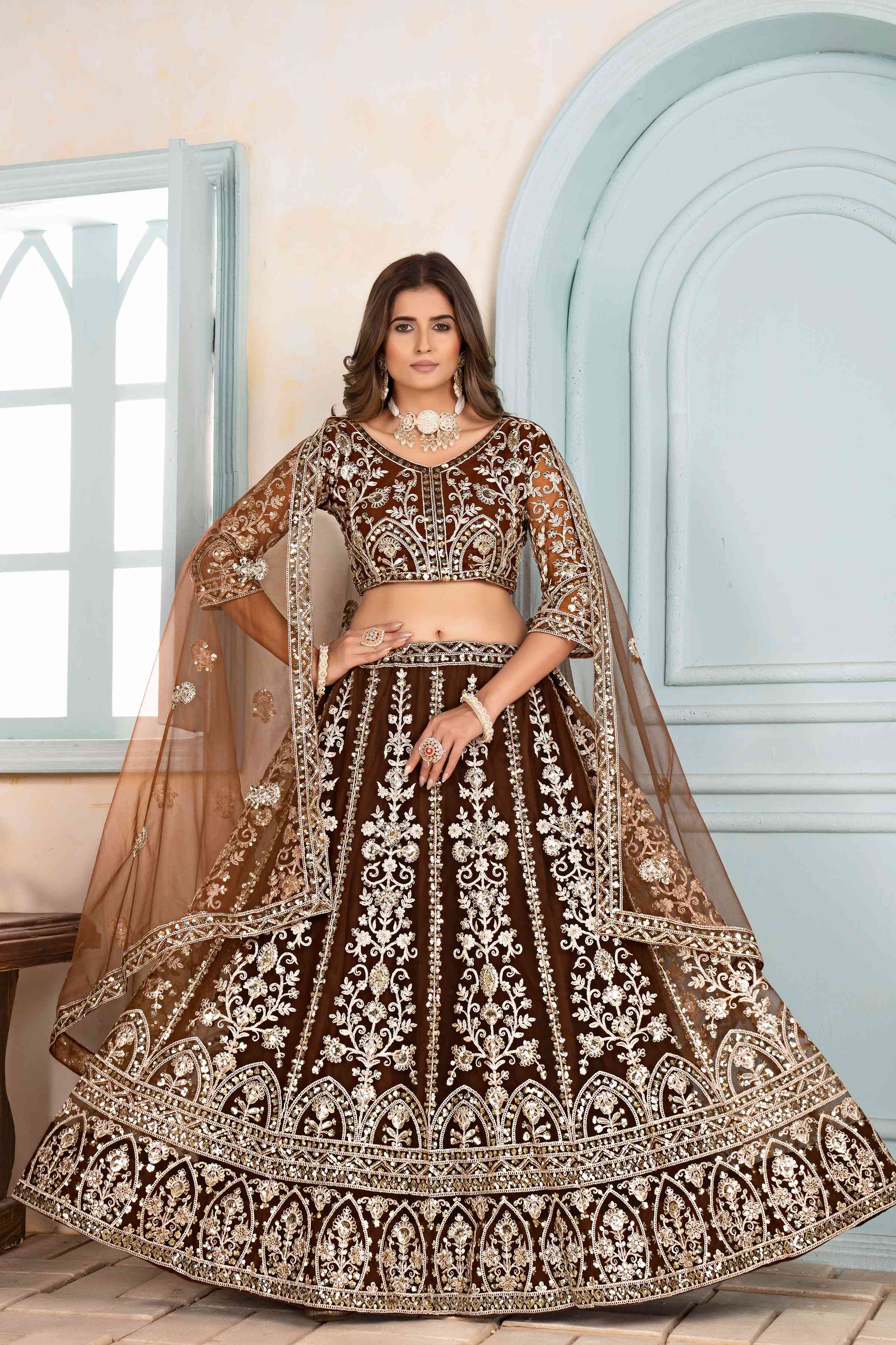 Enchanting Brown Golden Net Embroiderde Codding Designer Bridal Wear Lehanga Set