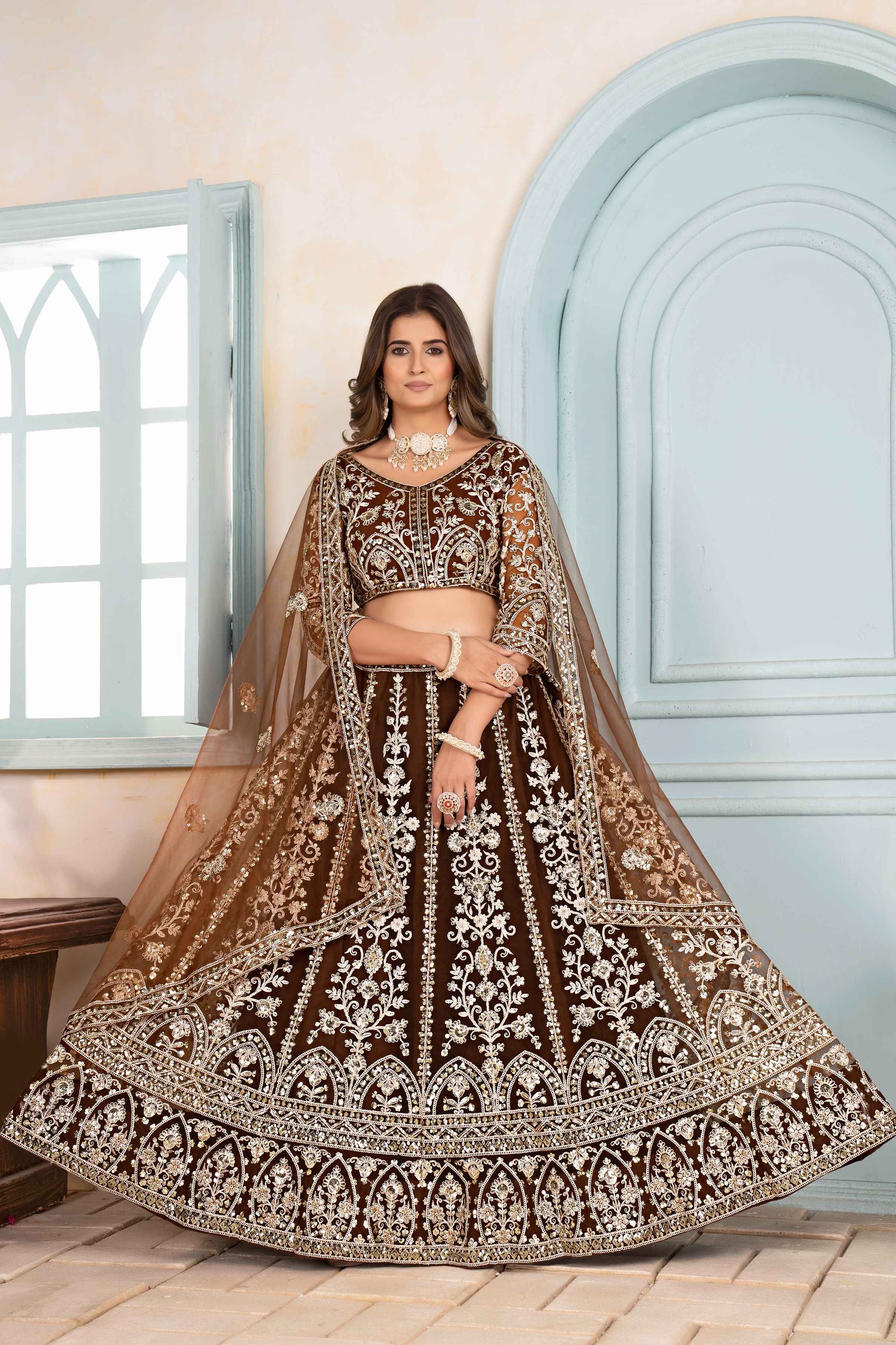 Enchanting Brown Golden Net Embroiderde Codding Designer Bridal Wear Lehanga Set