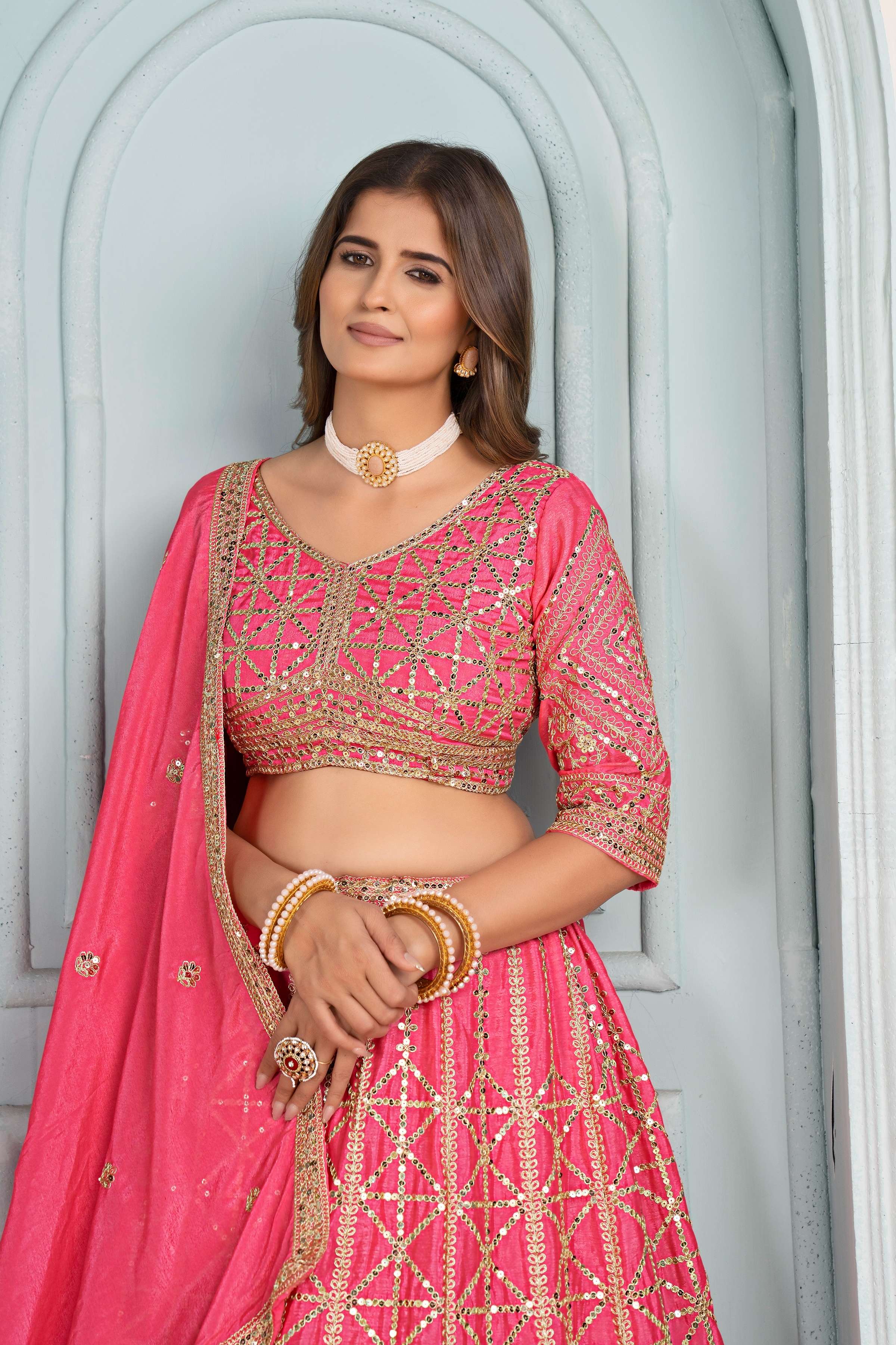 Vibrant Pink Embroidery Sequence Designer Bridal Wear Lehenga Choli With Dupatta