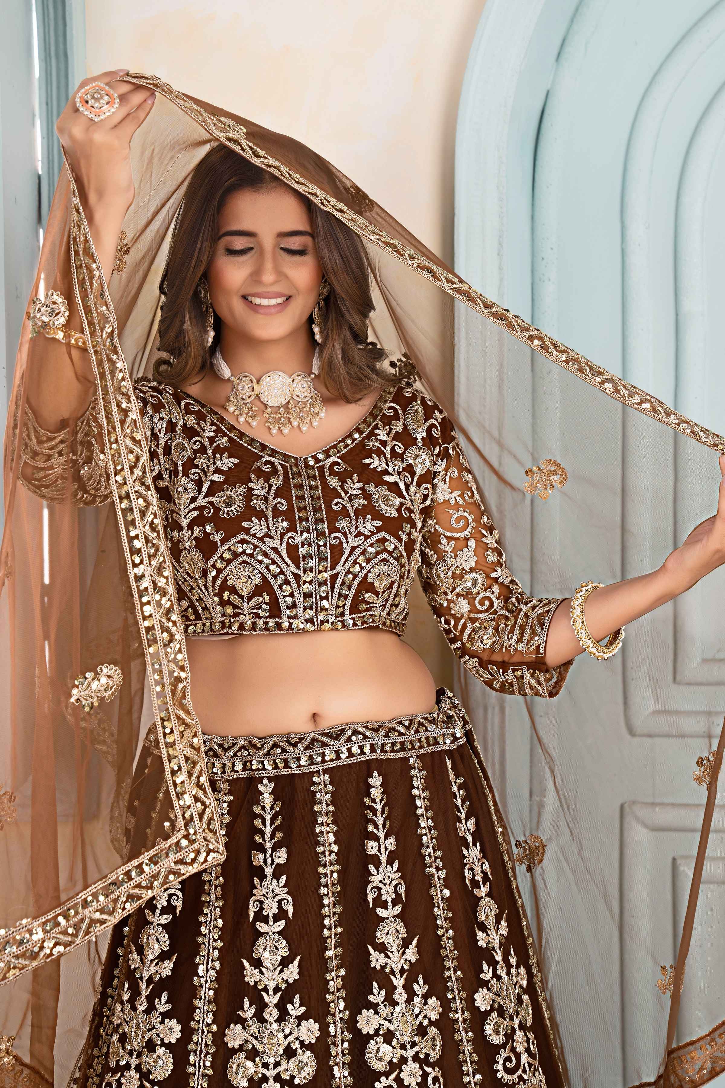 Enchanting Brown Golden Net Embroiderde Codding Designer Bridal Wear Lehanga Set