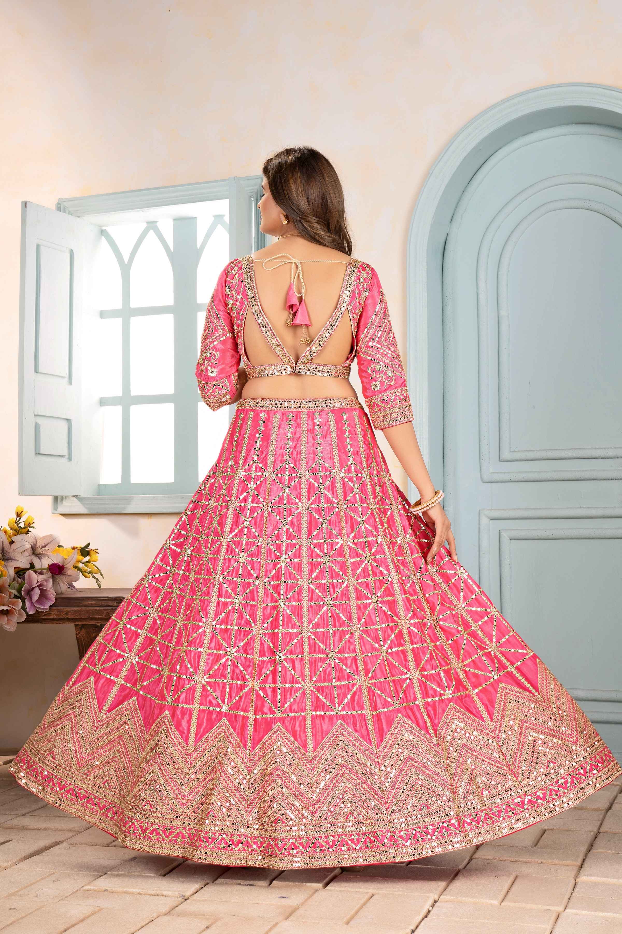 Vibrant Pink Embroidery Sequence Designer Bridal Wear Lehenga Choli With Dupatta