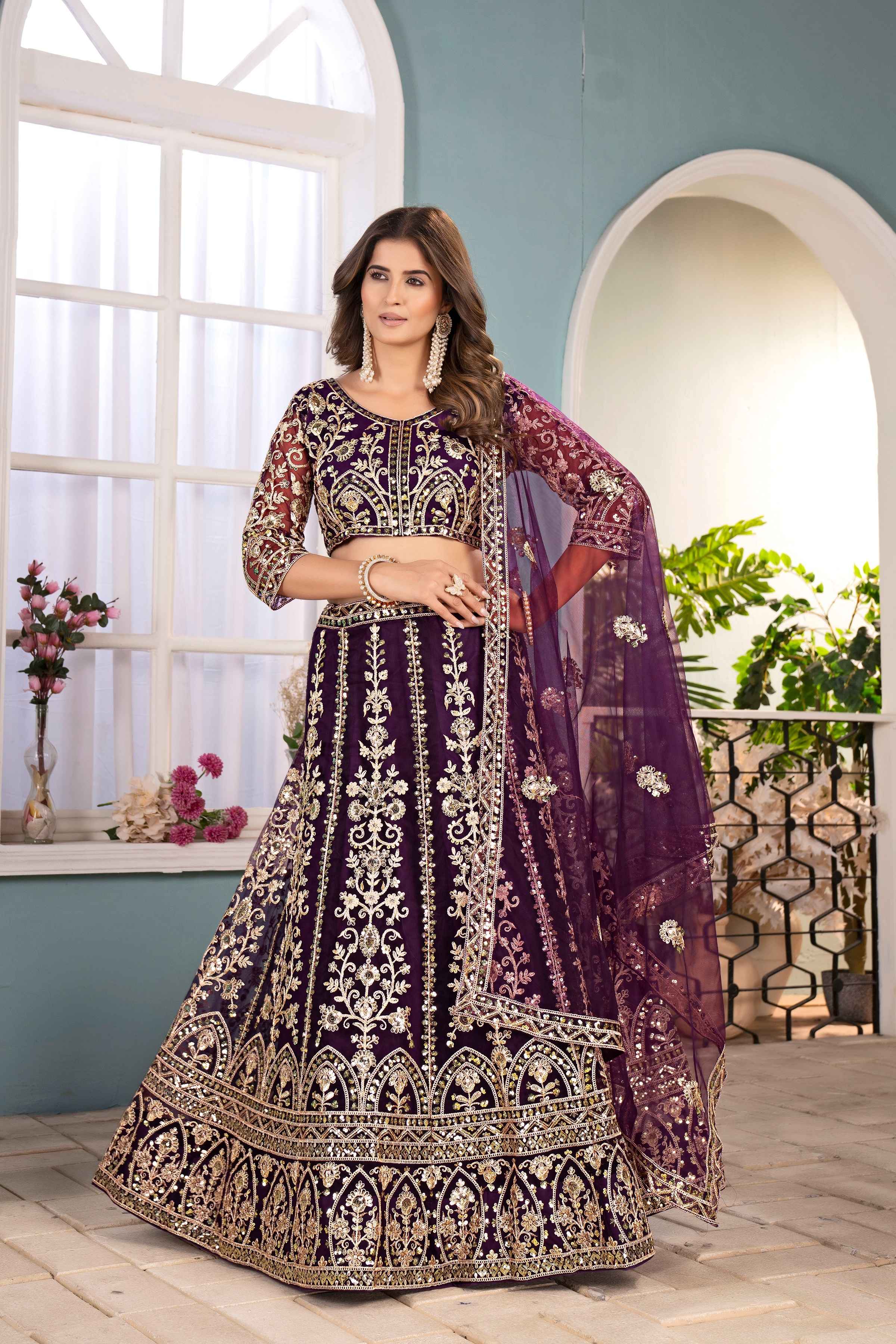 Pulm Purple Net Embroiderd Codding Designer Bridal Wear Lehanga Set
