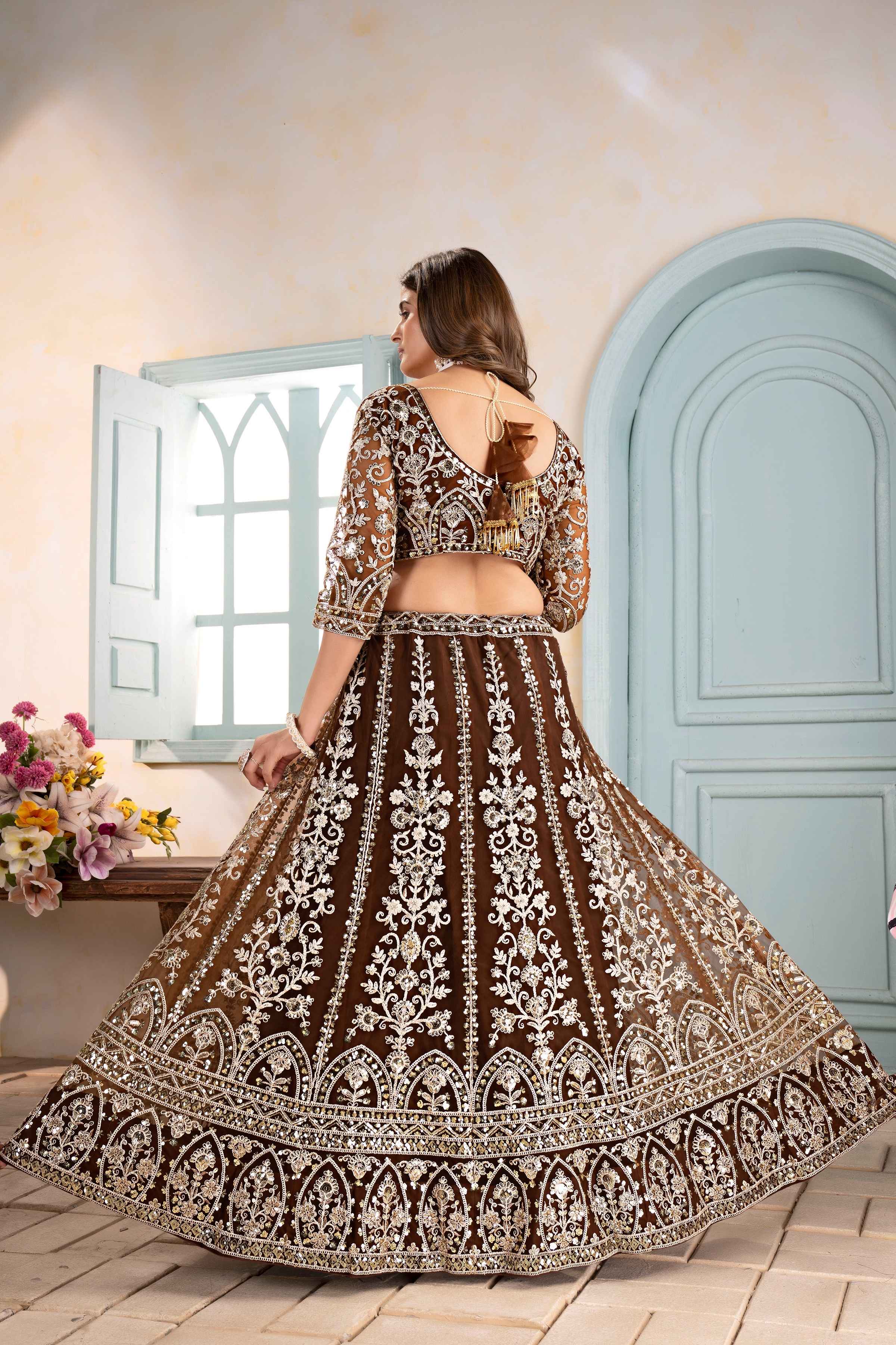 Enchanting Brown Golden Net Embroiderde Codding Designer Bridal Wear Lehanga Set