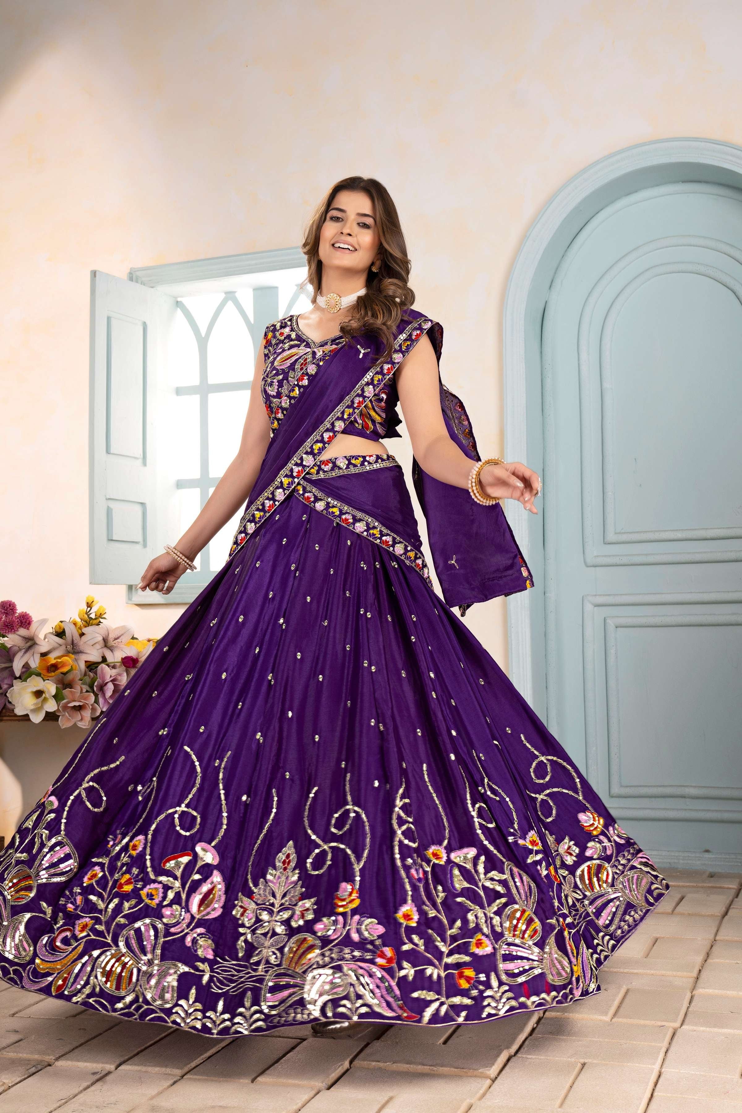 Georgeous Purple Embroidery Sequence Thread Designer Bridal Wear Lehenga Choli With Dupatta