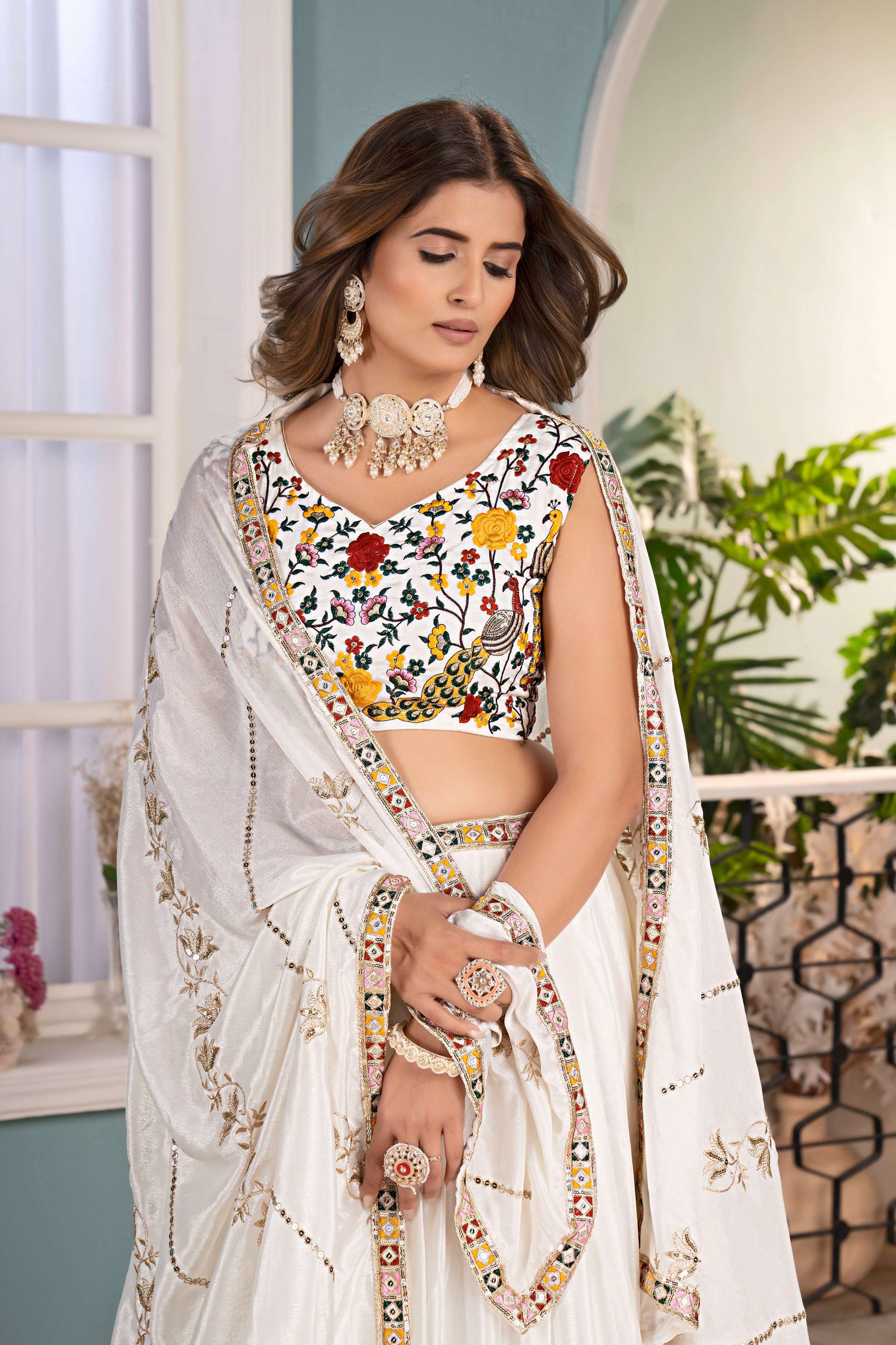 Attrative White chinon Multicolor Embroidered Sequence Designer Lehnge Choli With Dupatta