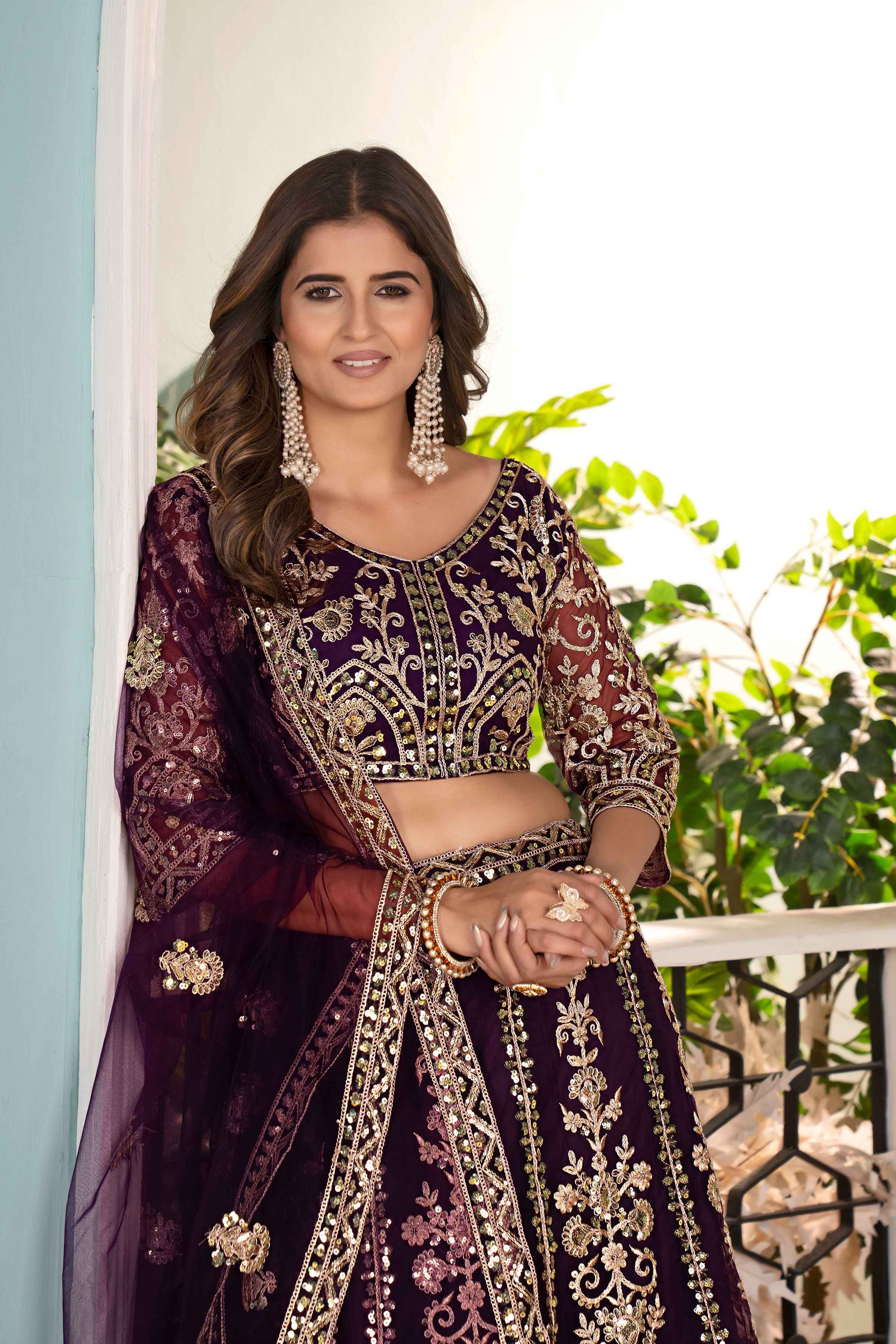 Pulm Purple Net Embroiderd Codding Designer Bridal Wear Lehanga Set