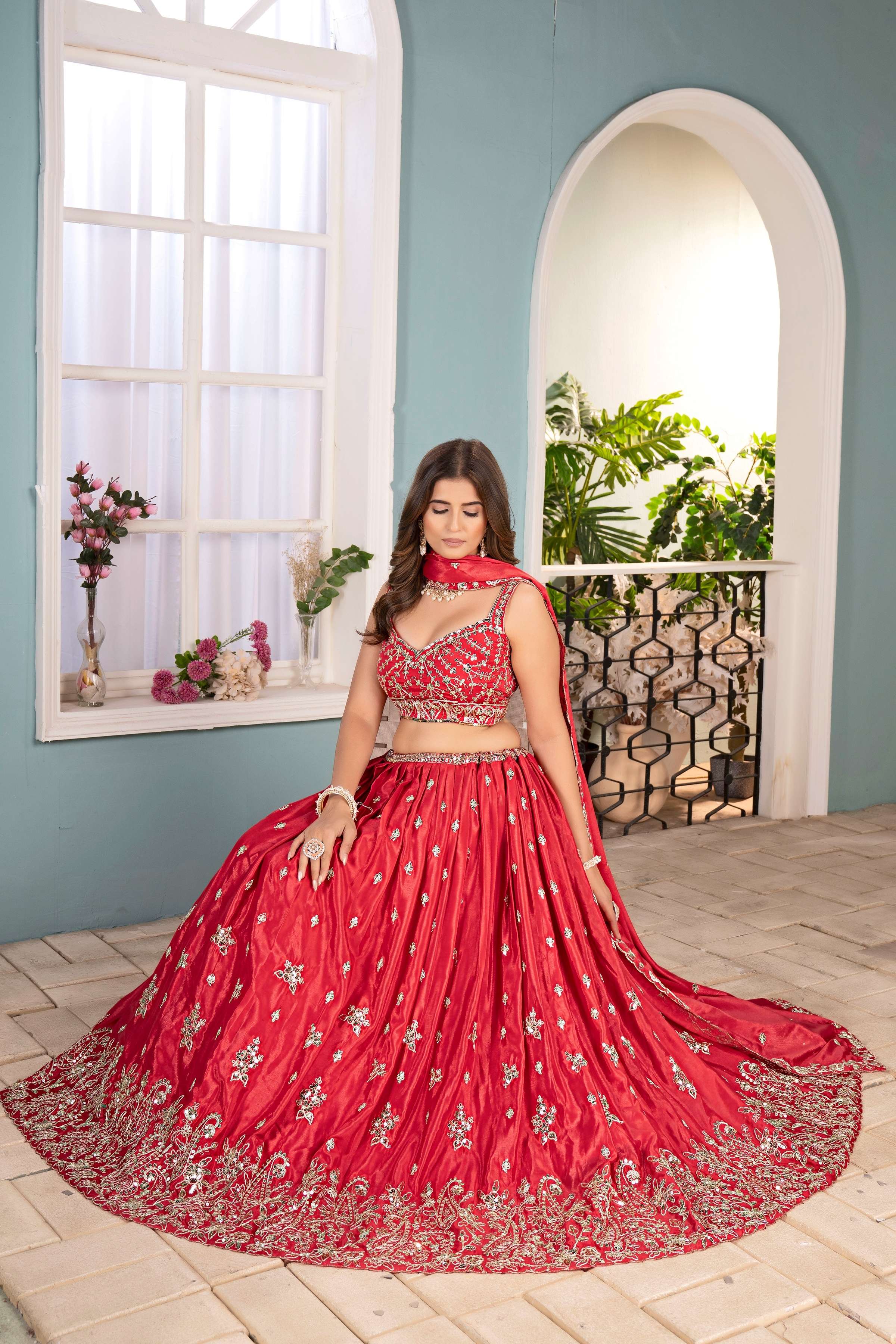 Beautifull Red Chinon Bridal Wear Embroidered Sequence Designer Lehanga Choli With Dupatta