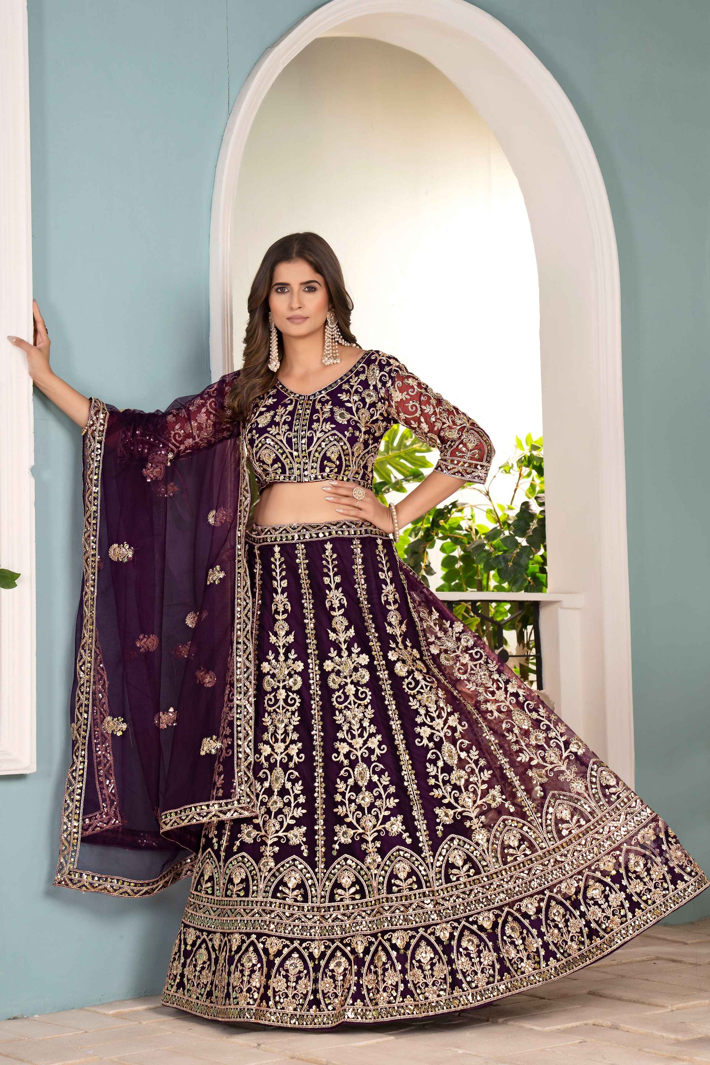 Pulm Purple Net Embroiderd Codding Designer Bridal Wear Lehanga Set