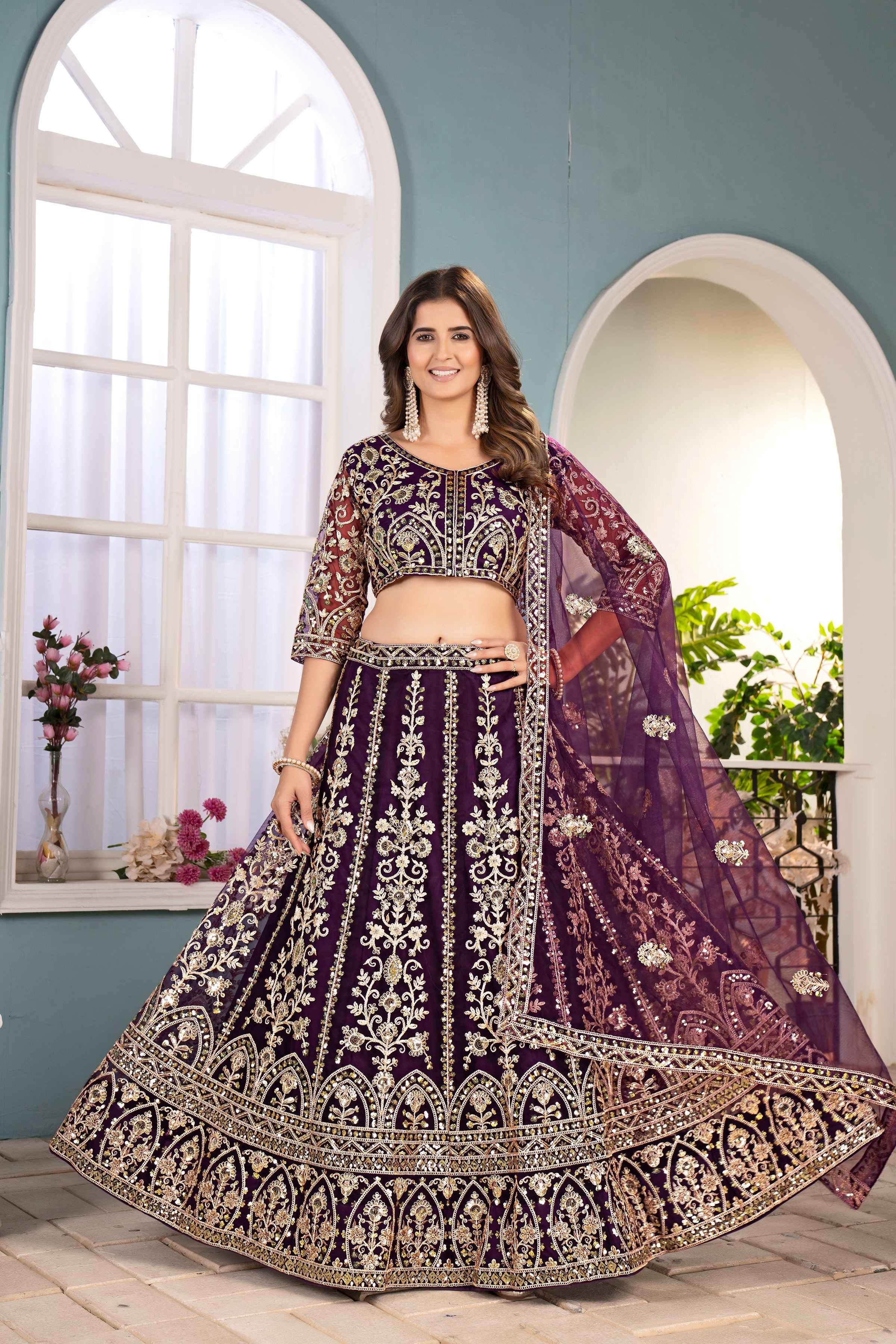 Pulm Purple Net Embroiderd Codding Designer Bridal Wear Lehanga Set