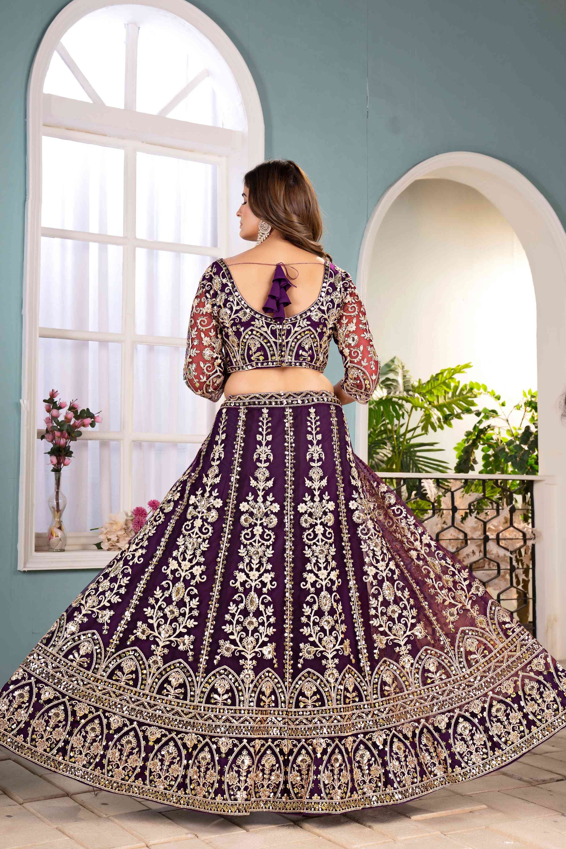 Pulm Purple Net Embroiderd Codding Designer Bridal Wear Lehanga Set