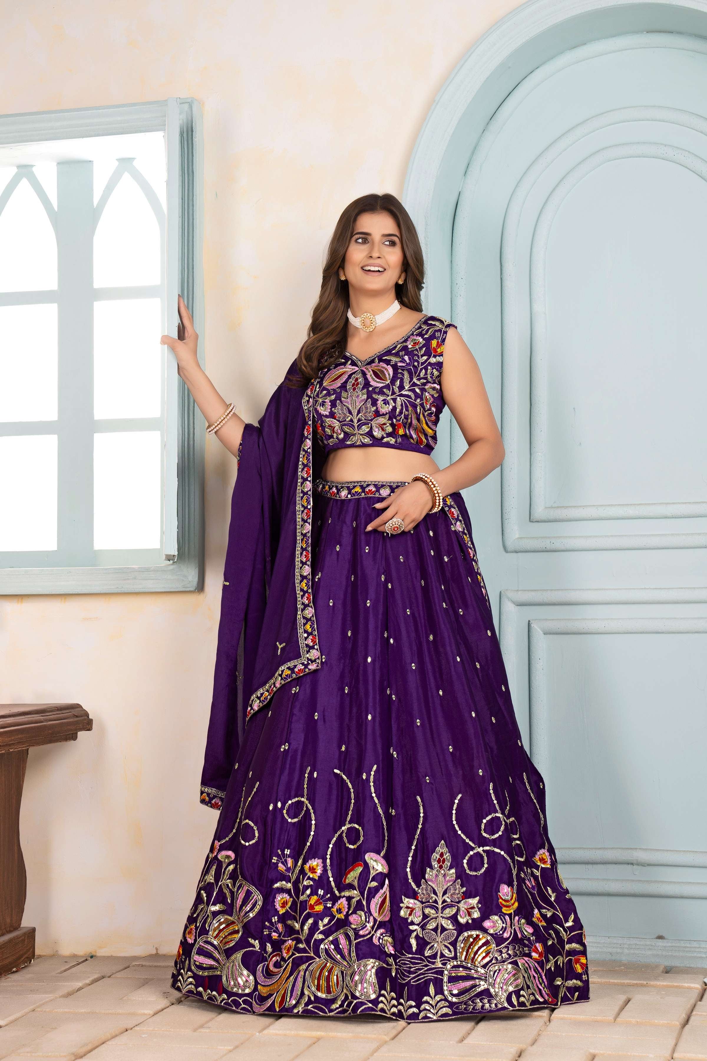 Georgeous Purple Embroidery Sequence Thread Designer Bridal Wear Lehenga Choli With Dupatta