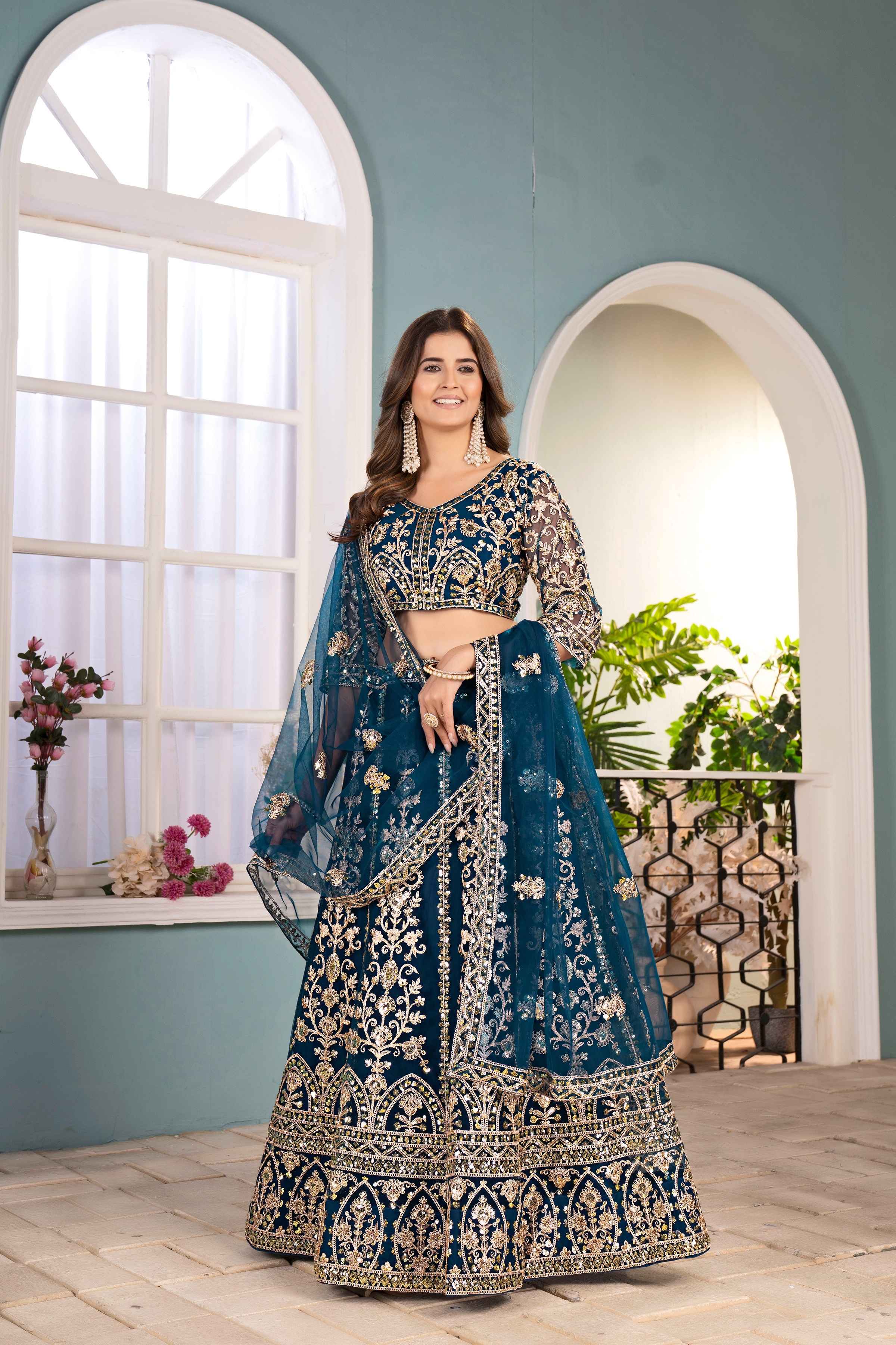 Amazing Rama Net Embroiderd Codding Designer Bridal Wear Lehanga Choli With Dupatta