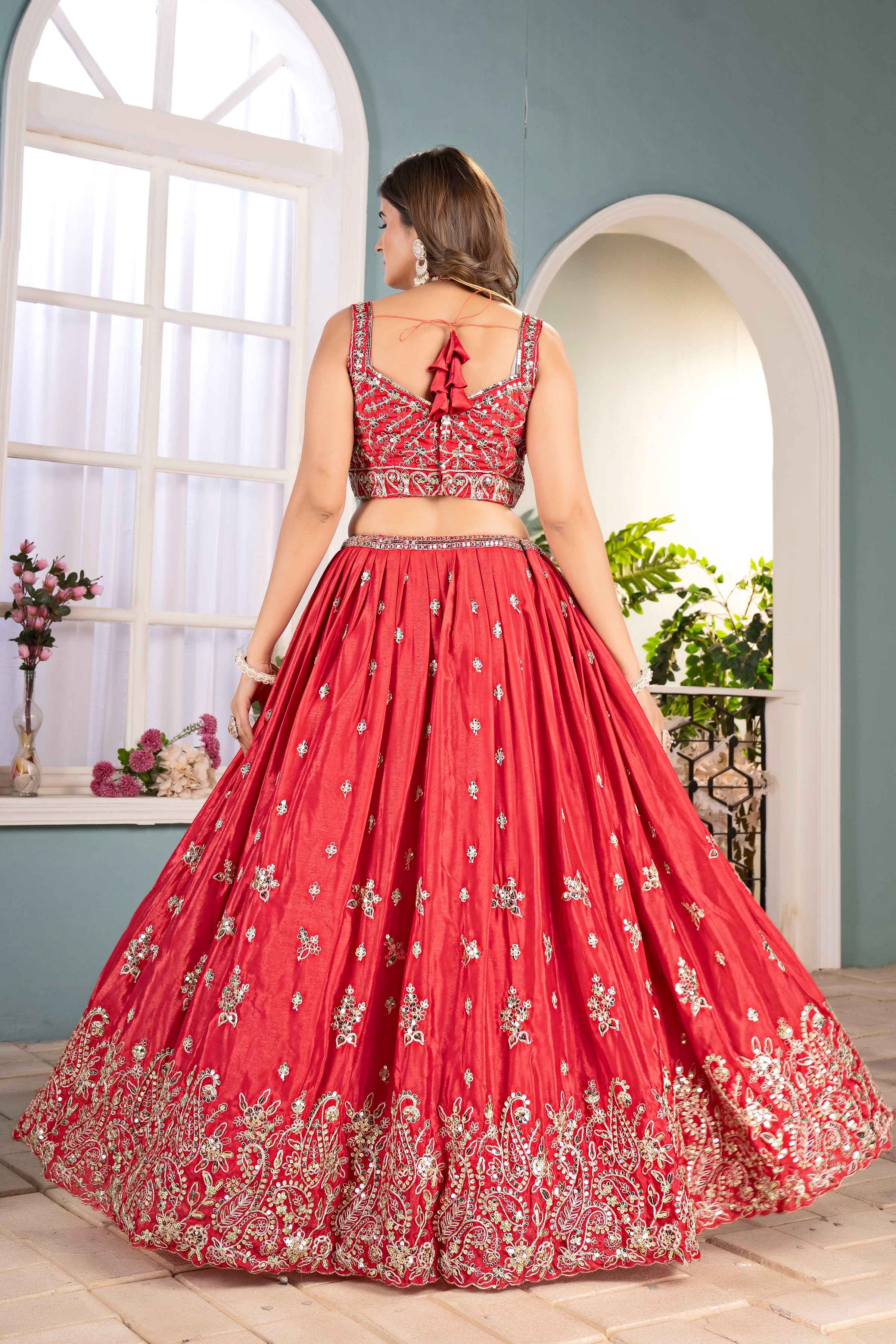 Beautifull Red Chinon Bridal Wear Embroidered Sequence Designer Lehanga Choli With Dupatta
