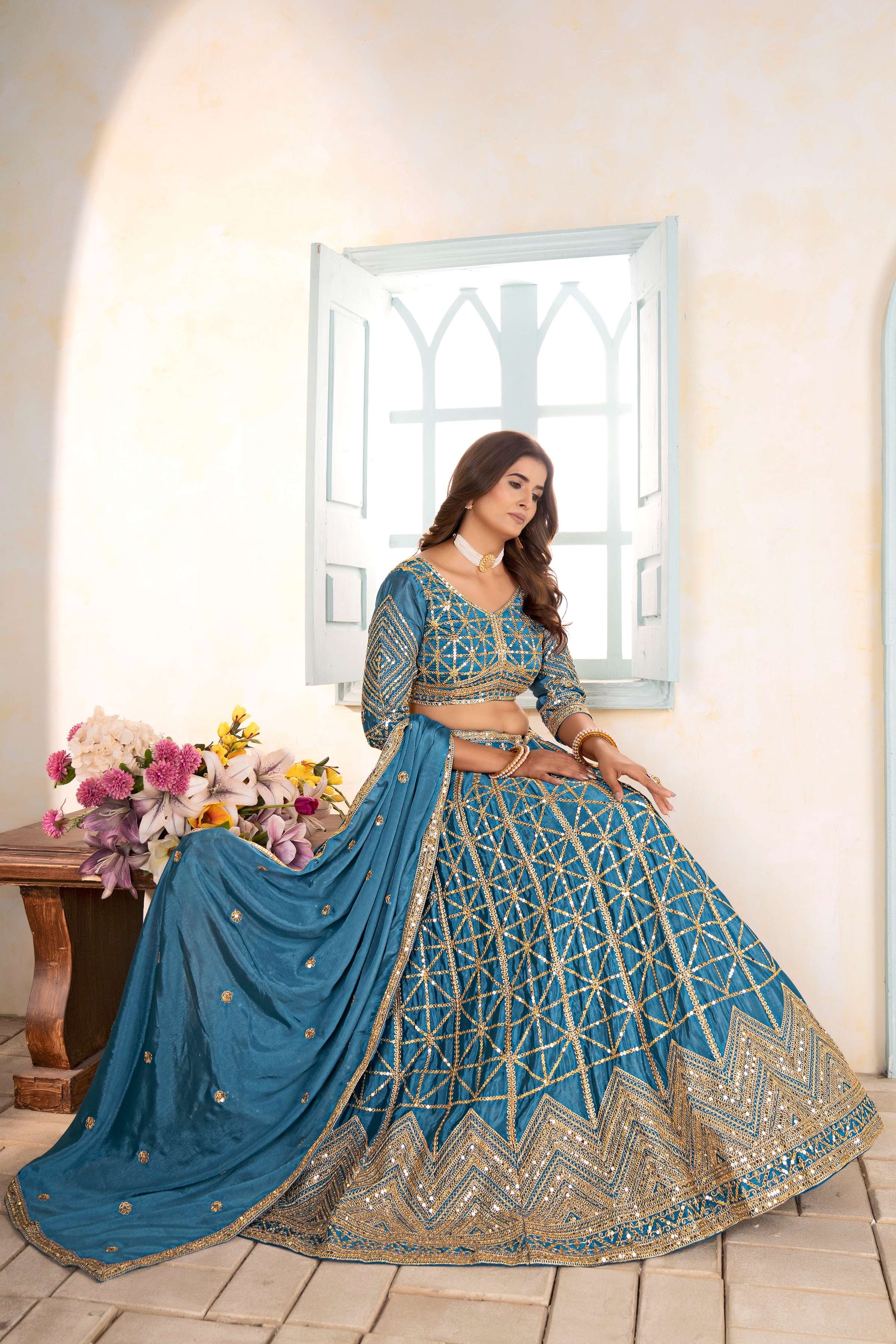 Amazing Teal Blue Embroidery Sequence Designer Bridal Wear Lehenga Choli With Dupatta