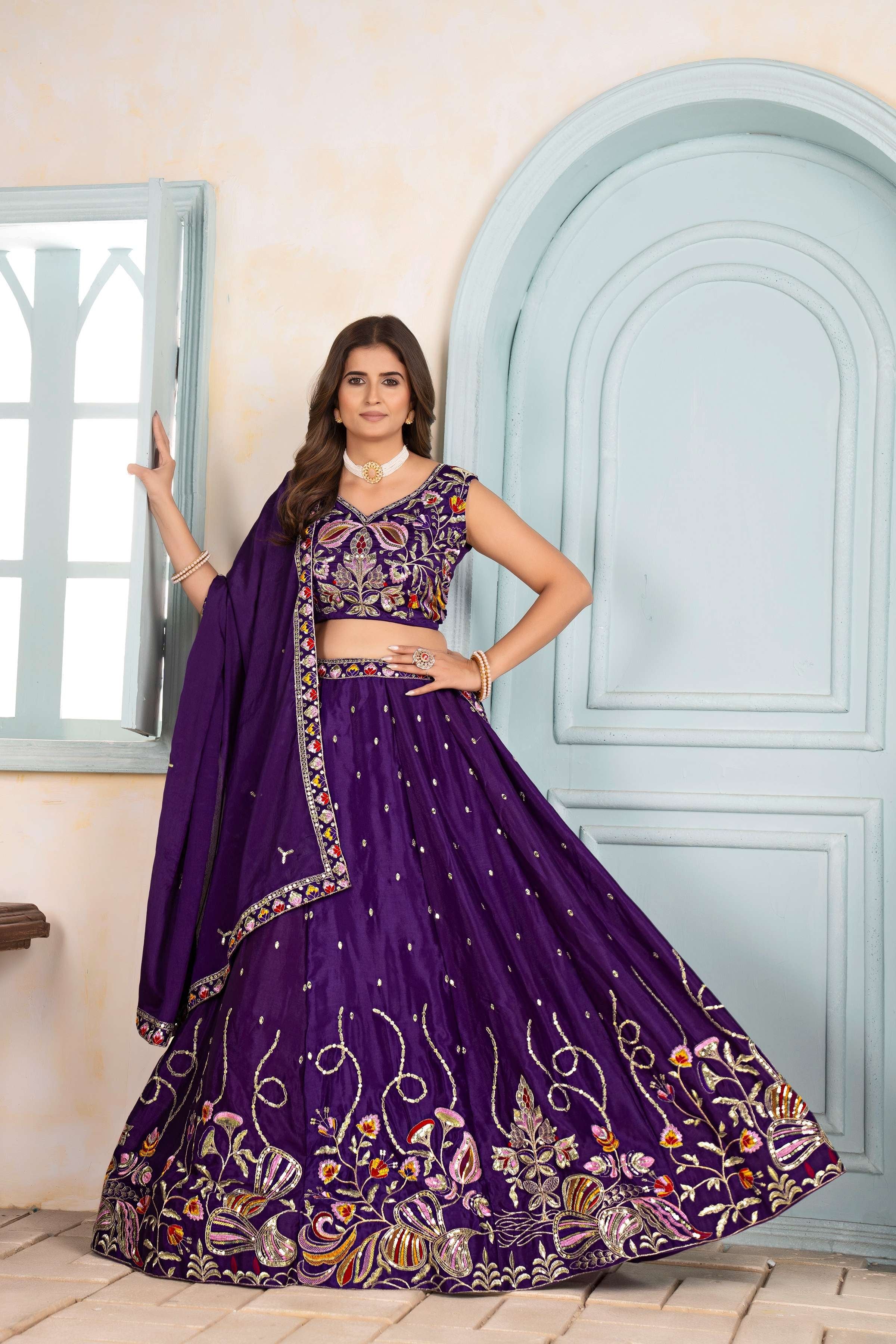 Georgeous Purple Embroidery Sequence Thread Designer Bridal Wear Lehenga Choli With Dupatta