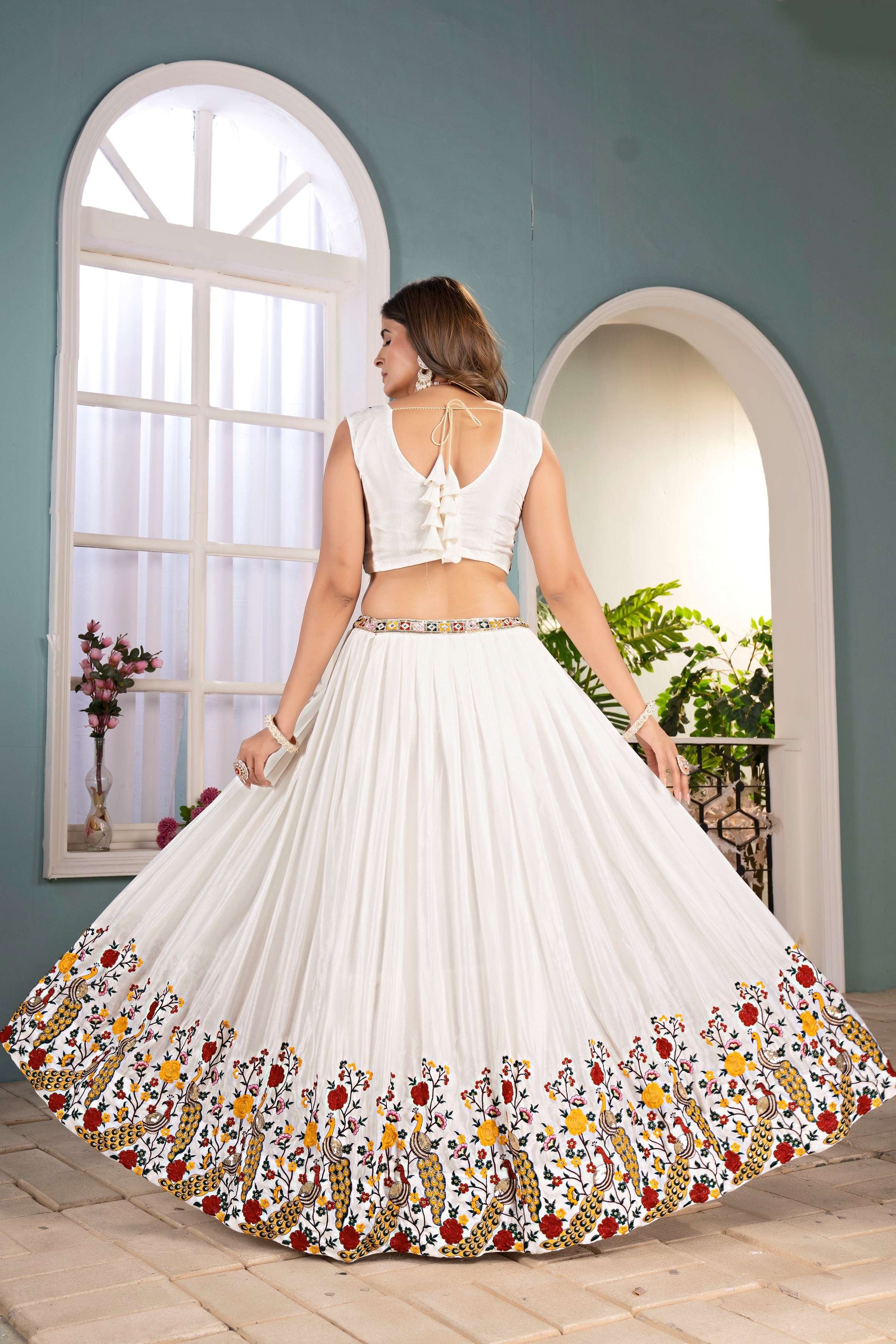 Attrative White chinon Multicolor Embroidered Sequence Designer Lehnge Choli With Dupatta
