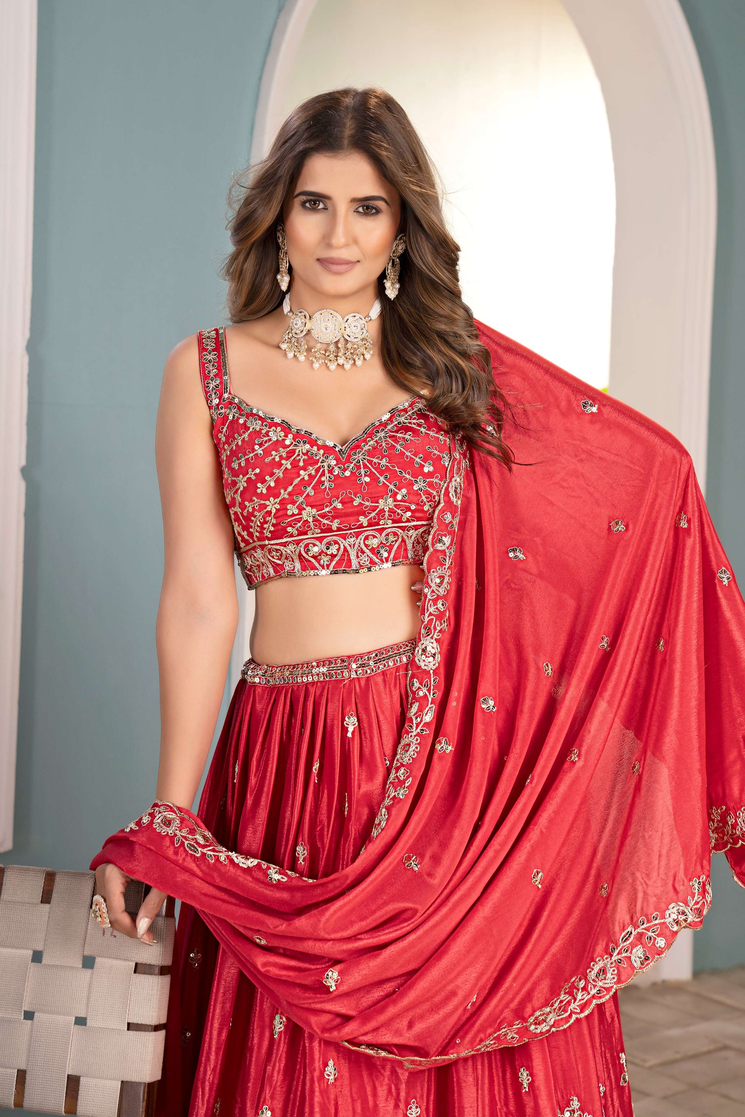 Beautifull Red Chinon Bridal Wear Embroidered Sequence Designer Lehanga Choli With Dupatta