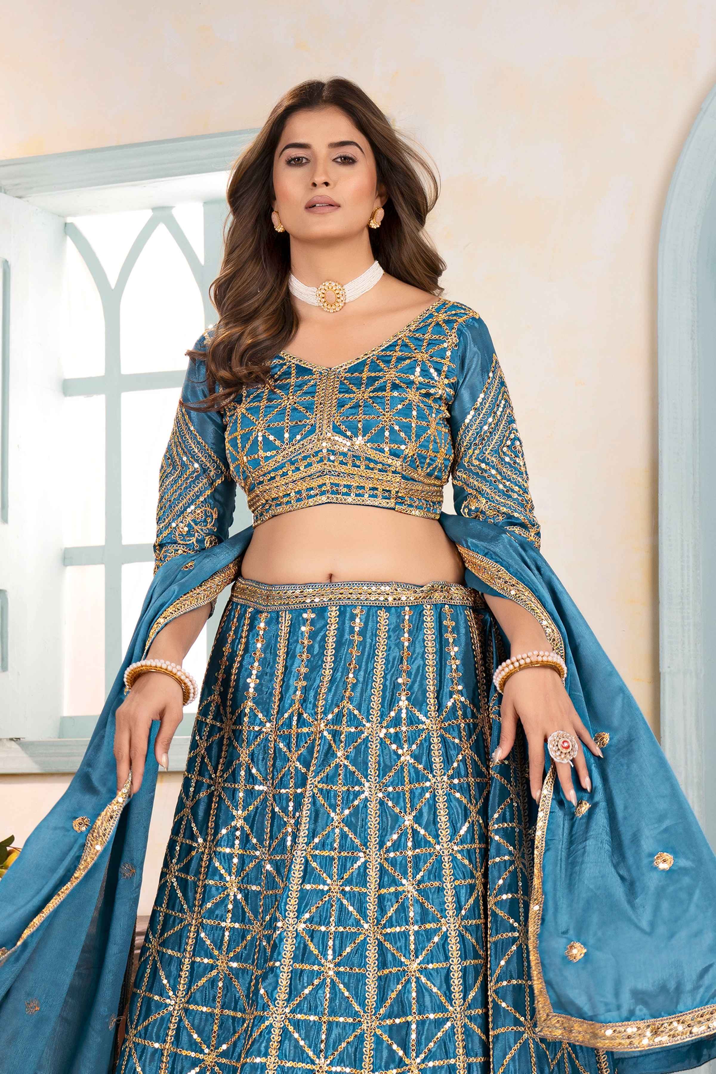 Amazing Teal Blue Embroidery Sequence Designer Bridal Wear Lehenga Choli With Dupatta