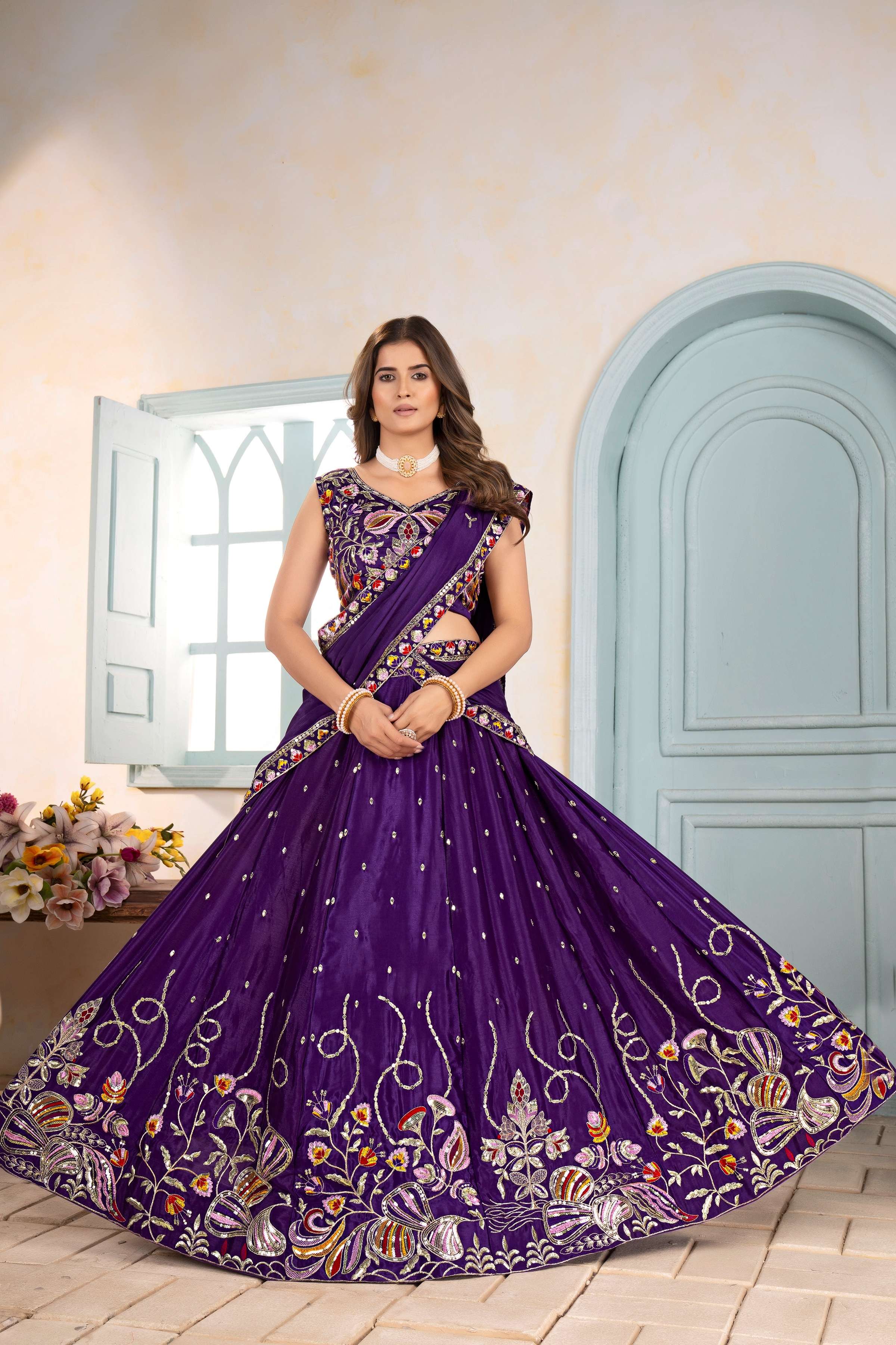 Georgeous Purple Embroidery Sequence Thread Designer Bridal Wear Lehenga Choli With Dupatta