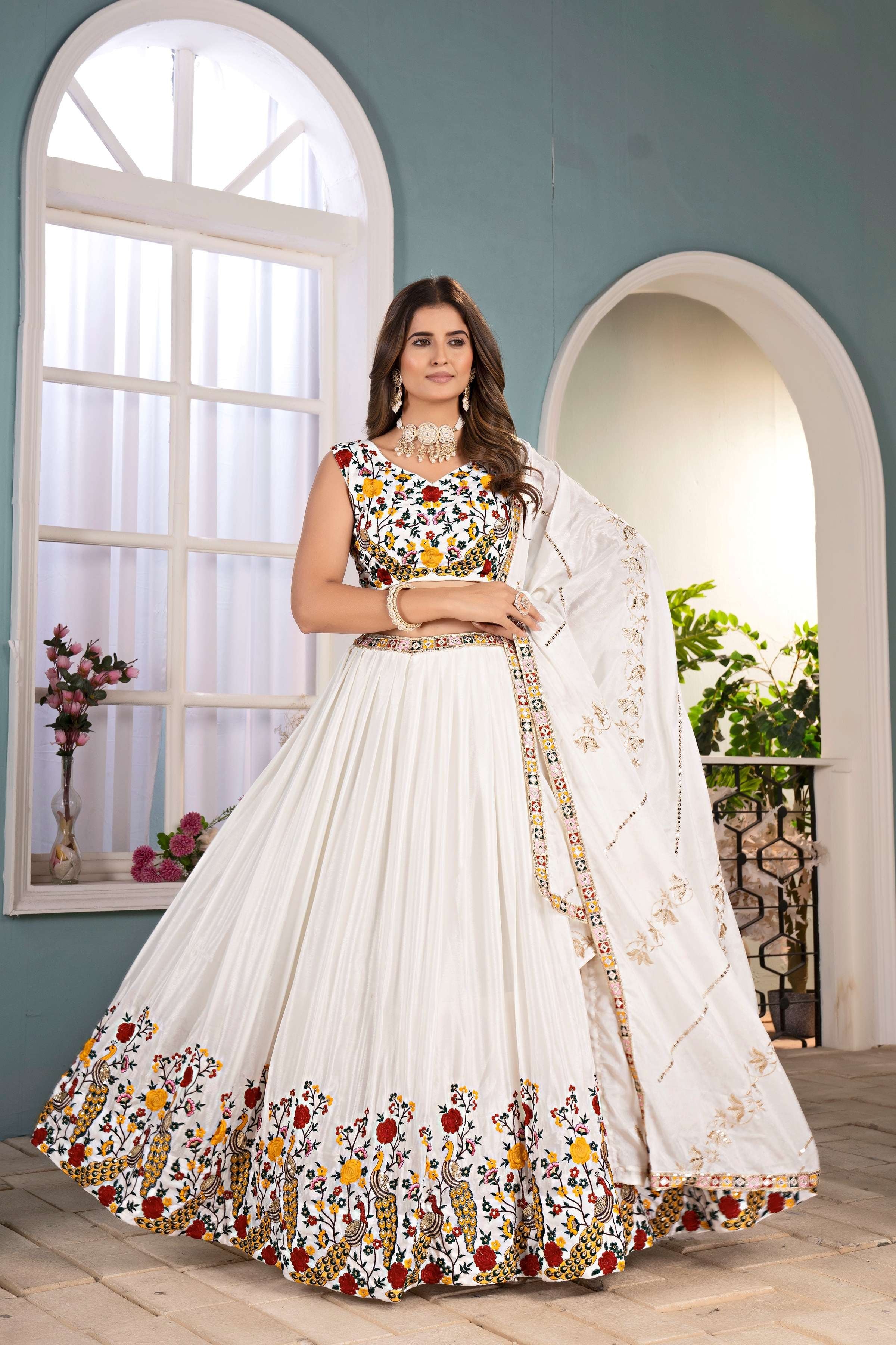 Attrative White chinon Multicolor Embroidered Sequence Designer Lehnge Choli With Dupatta