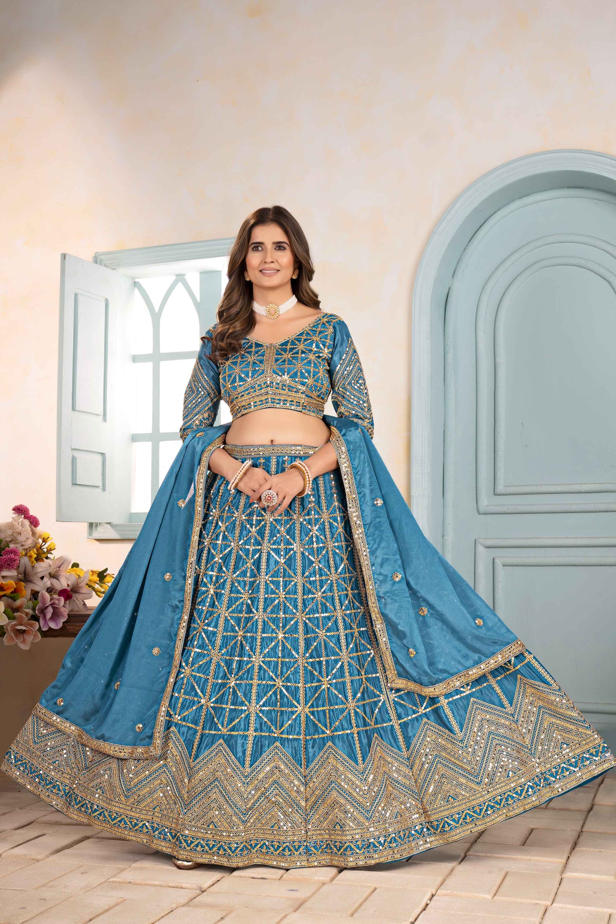 Amazing Teal Blue Embroidery Sequence Designer Bridal Wear Lehenga Choli With Dupatta