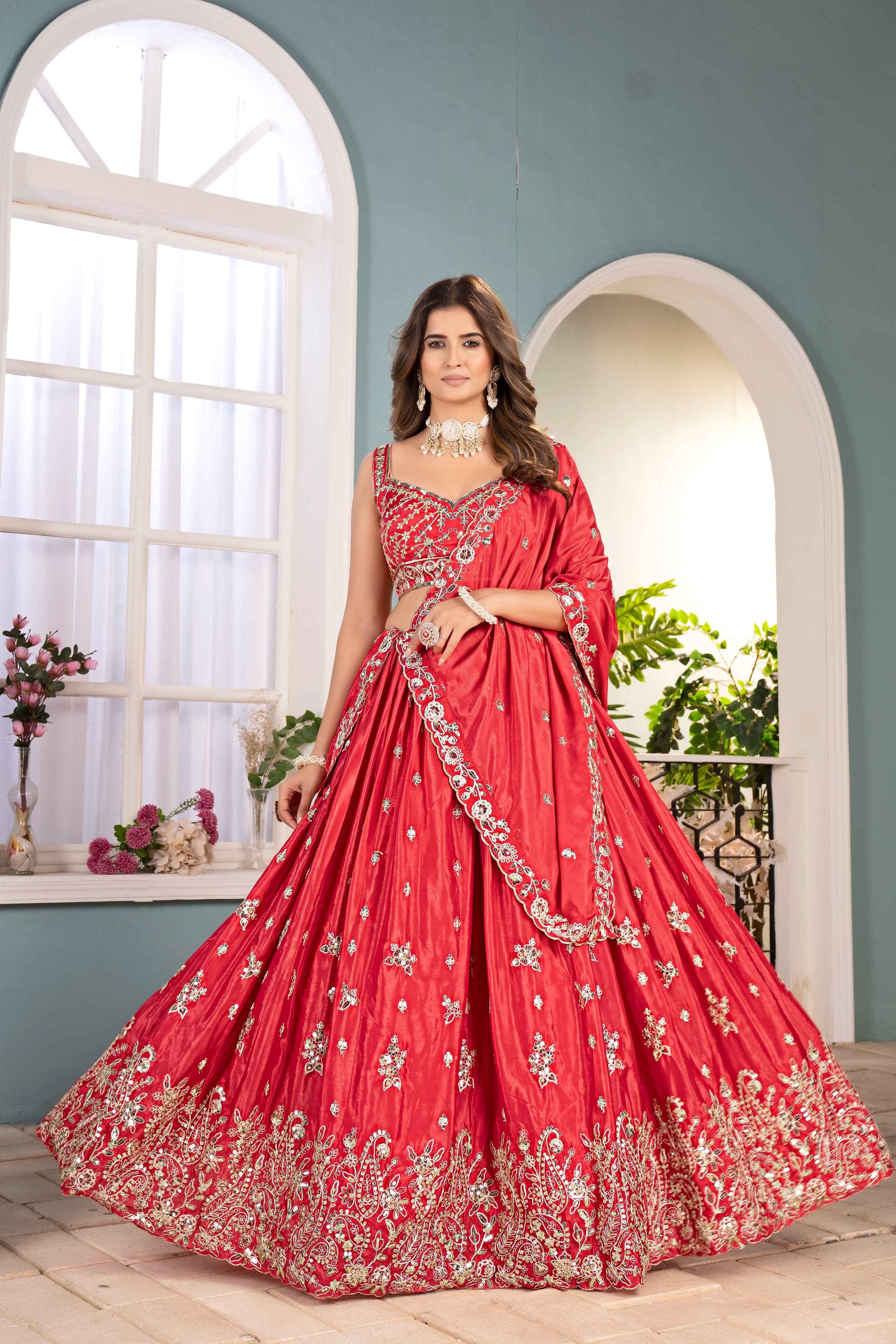 Beautifull Red Chinon Bridal Wear Embroidered Sequence Designer Lehanga Choli With Dupatta