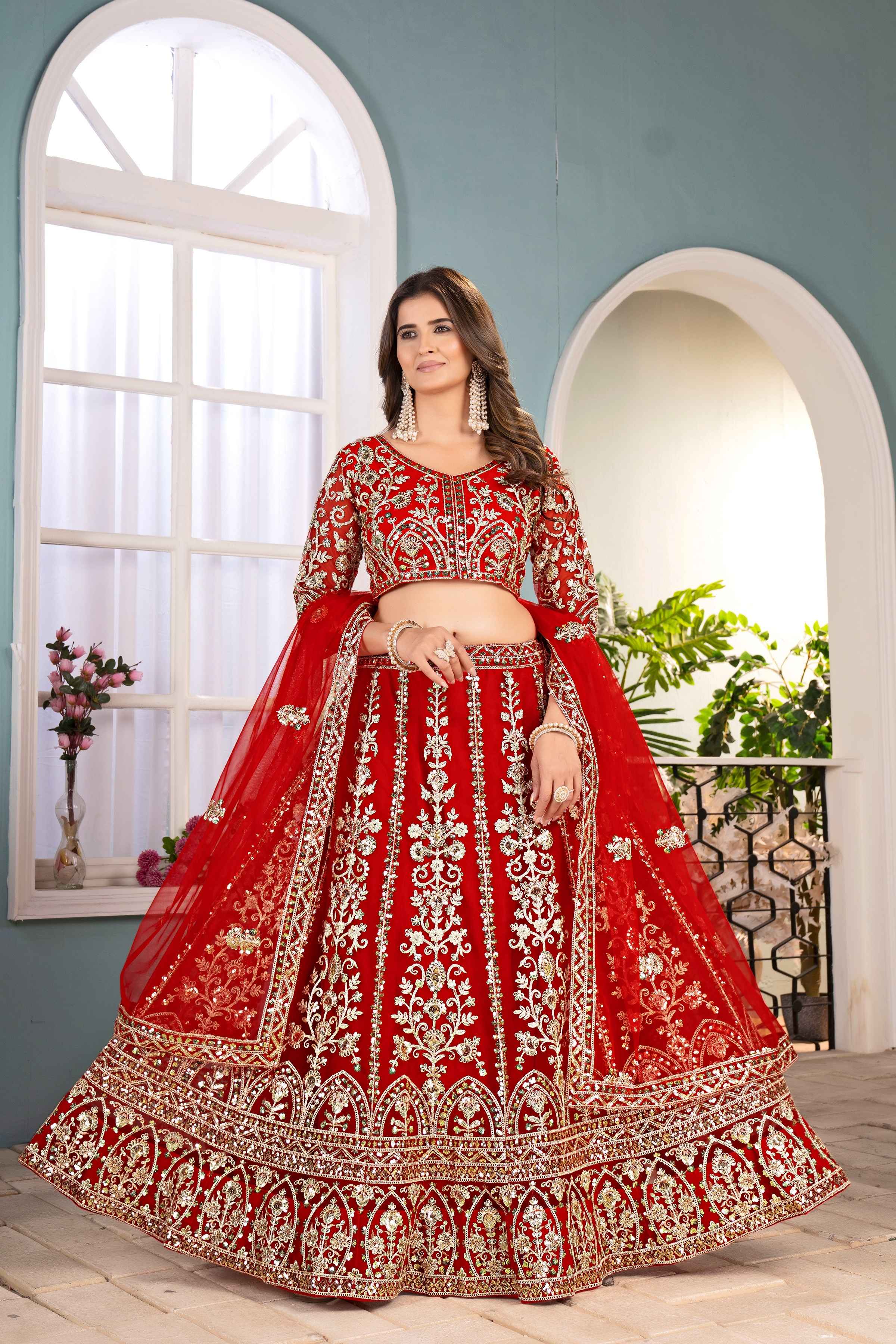 Incredible Red Net EmbroiderdCodding Designer Bridal Wear Lehanga Set