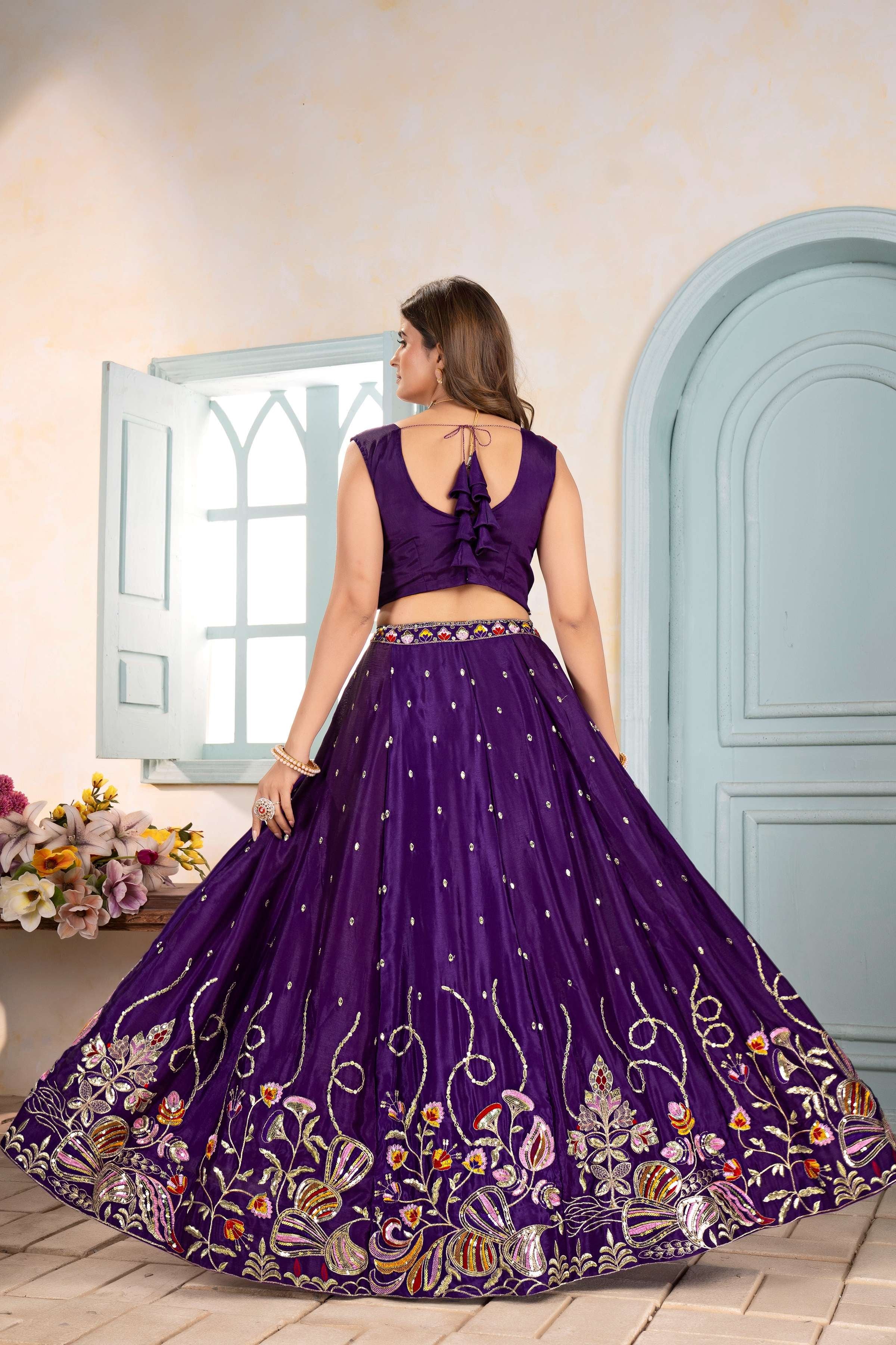 Georgeous Purple Embroidery Sequence Thread Designer Bridal Wear Lehenga Choli With Dupatta