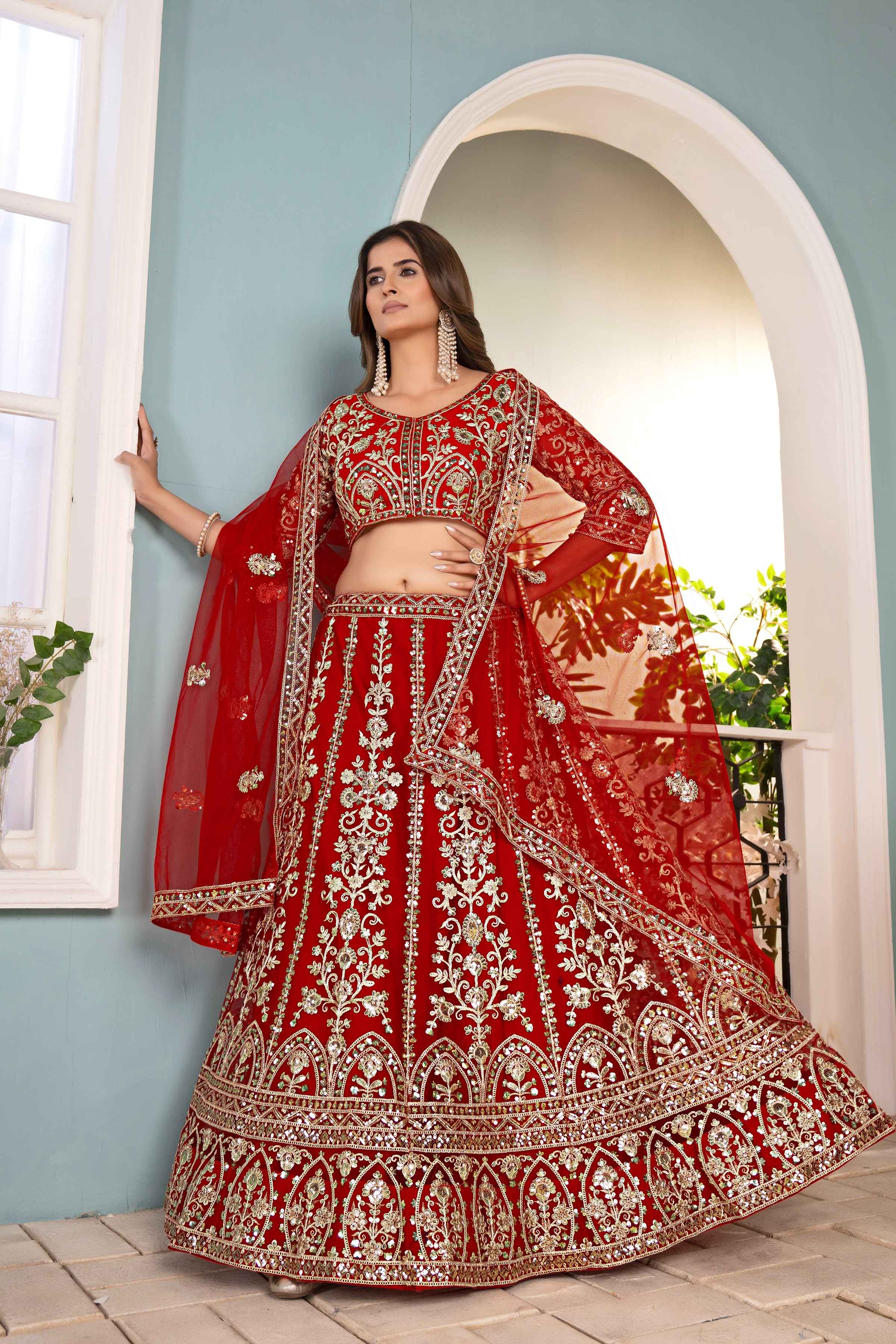 Incredible Red Net EmbroiderdCodding Designer Bridal Wear Lehanga Set
