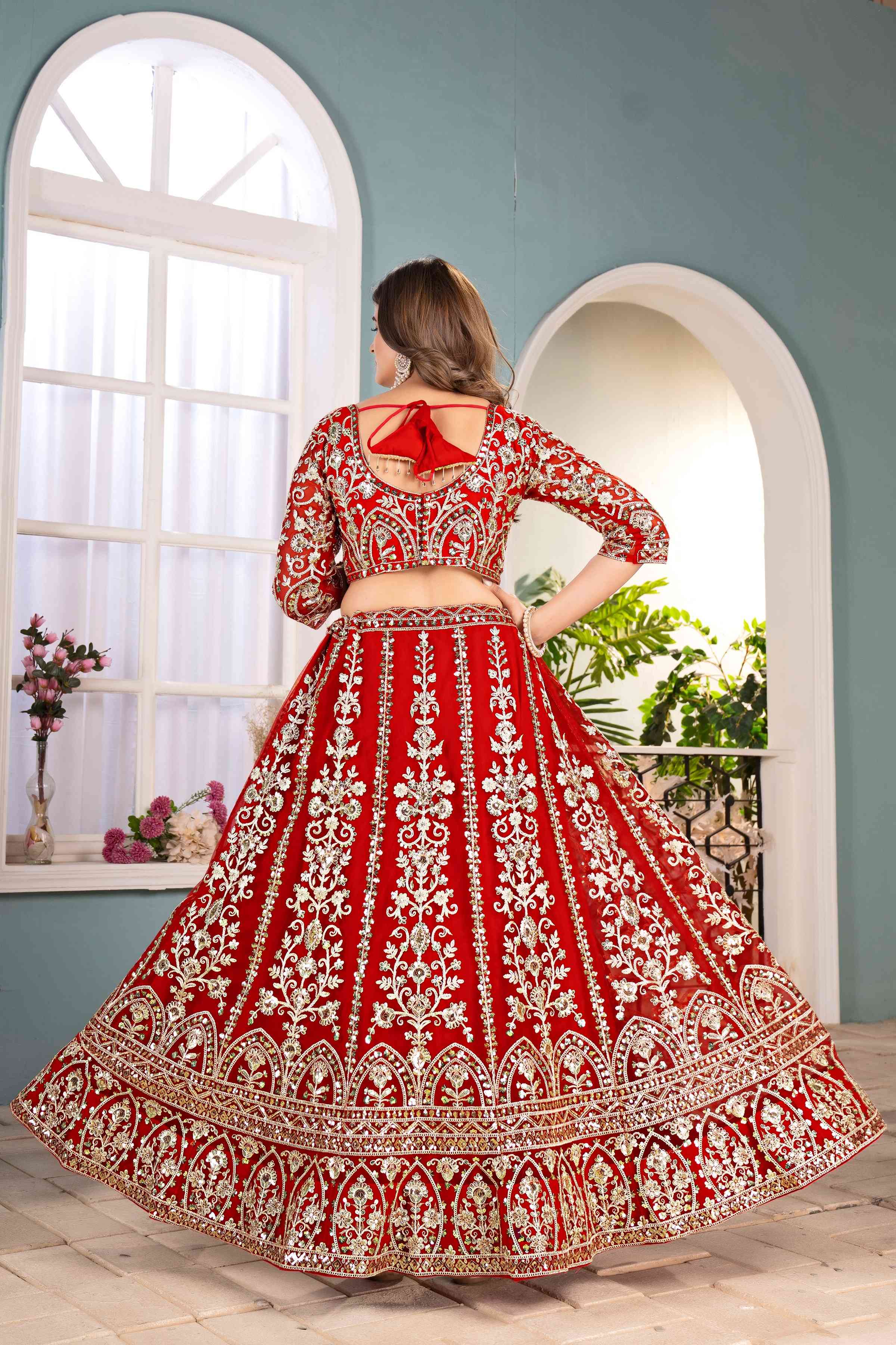 Incredible Red Net EmbroiderdCodding Designer Bridal Wear Lehanga Set