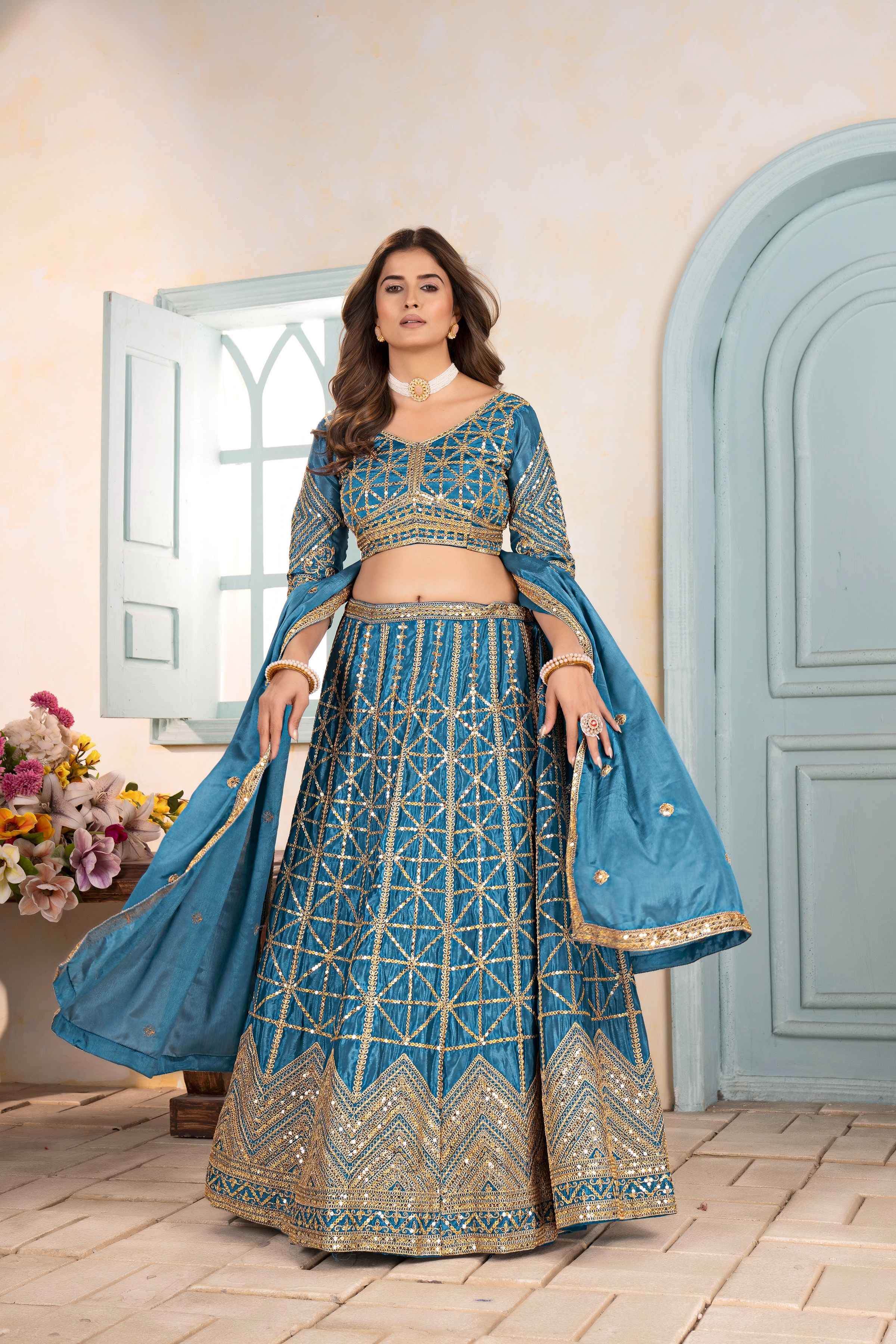 Amazing Teal Blue Embroidery Sequence Designer Bridal Wear Lehenga Choli With Dupatta