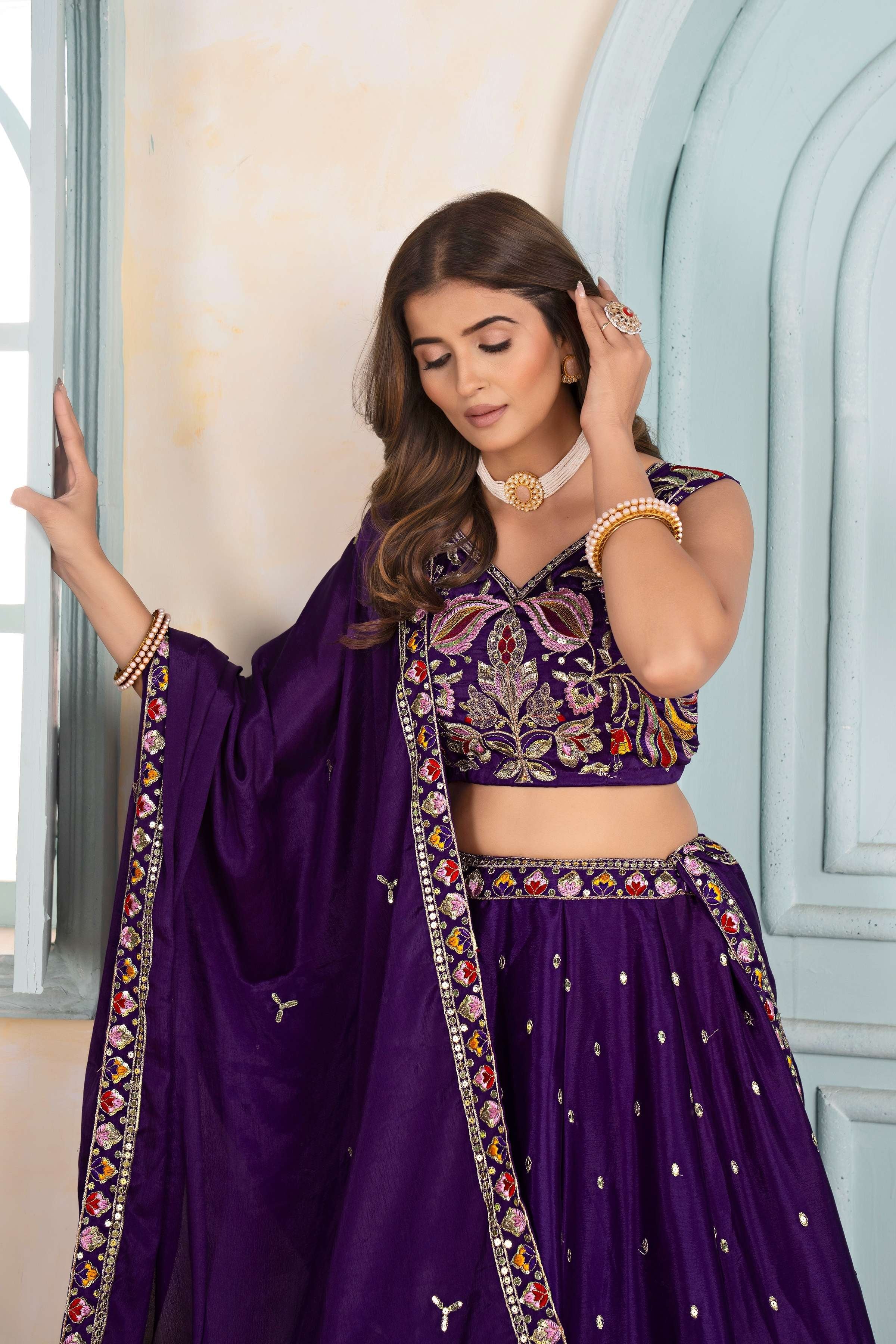Georgeous Purple Embroidery Sequence Thread Designer Bridal Wear Lehenga Choli With Dupatta