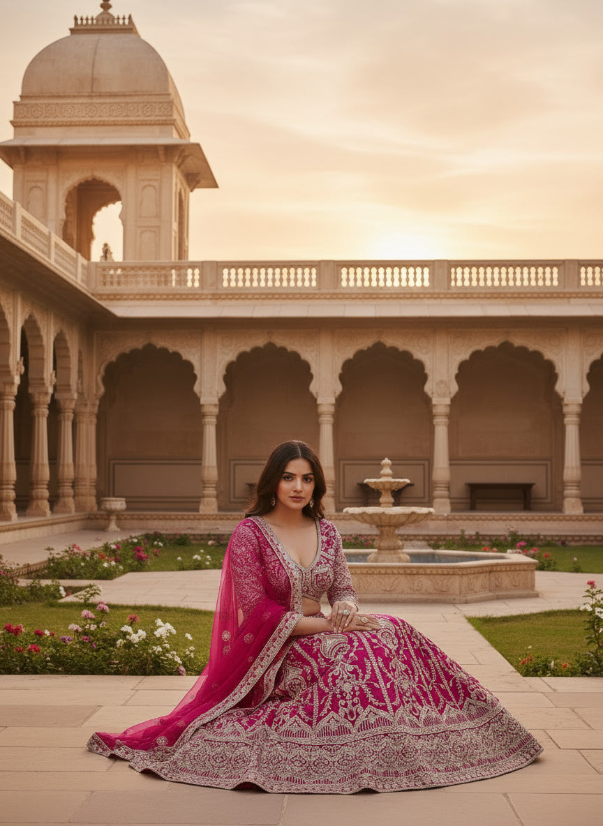 Regal Charm Hot Pink Butterfly Net Bridal Wear Royal Lehenga Choli And Dupatta