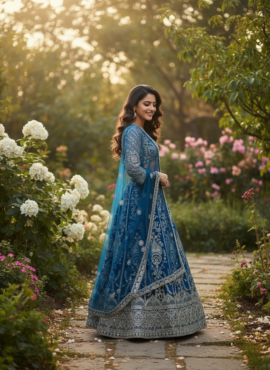 Incredible Teal Blue Sangeet Wear Butterfly Net Royal Lehenga Choli With Dupatta