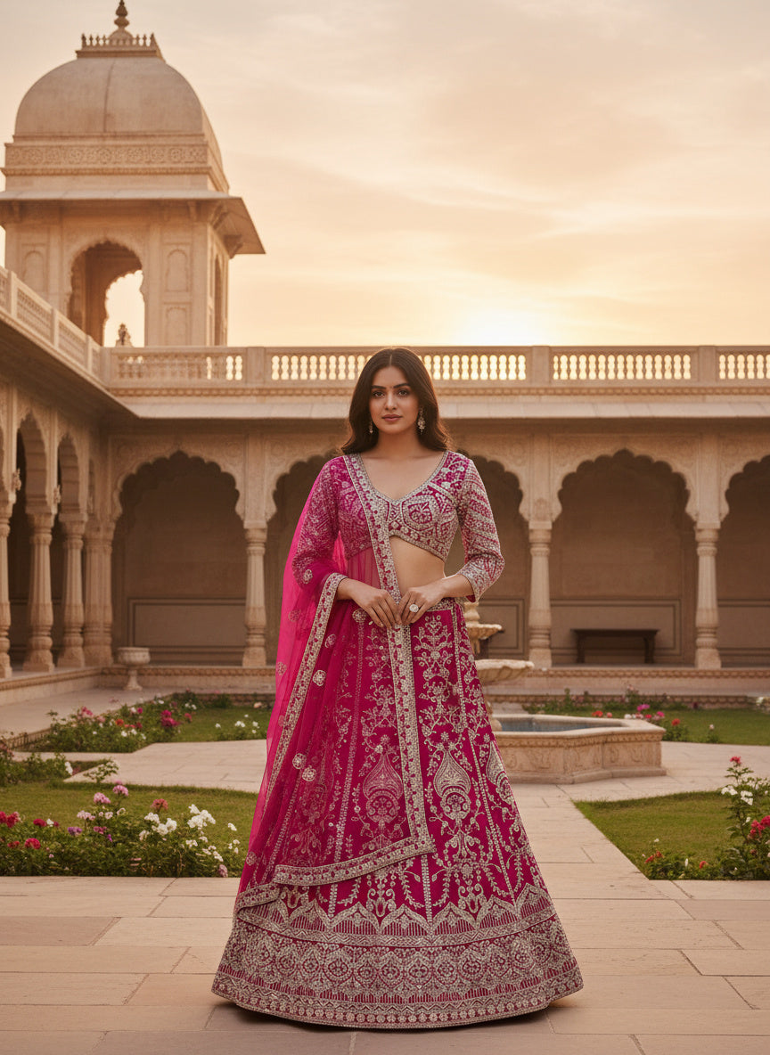 Regal Charm Hot Pink Butterfly Net Bridal Wear Royal Lehenga Choli And Dupatta