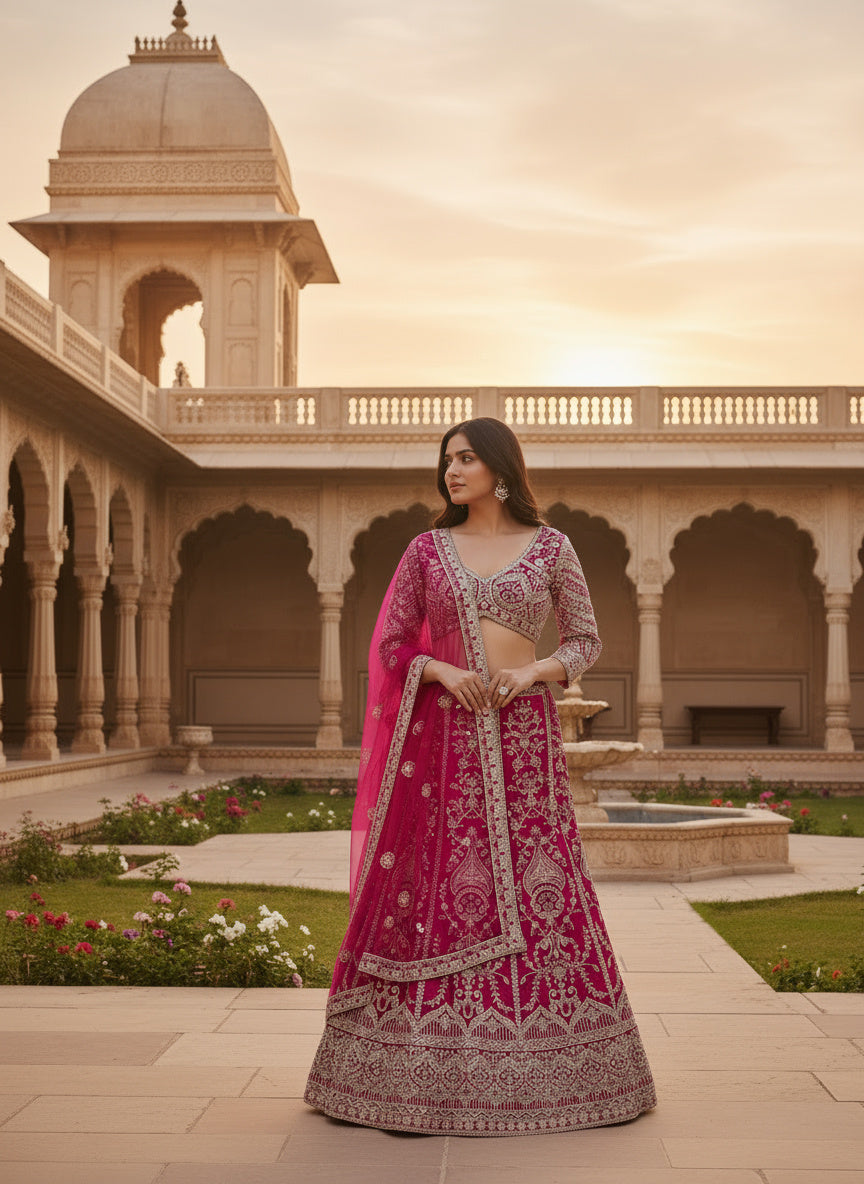 Regal Charm Hot Pink Butterfly Net Bridal Wear Royal Lehenga Choli And Dupatta