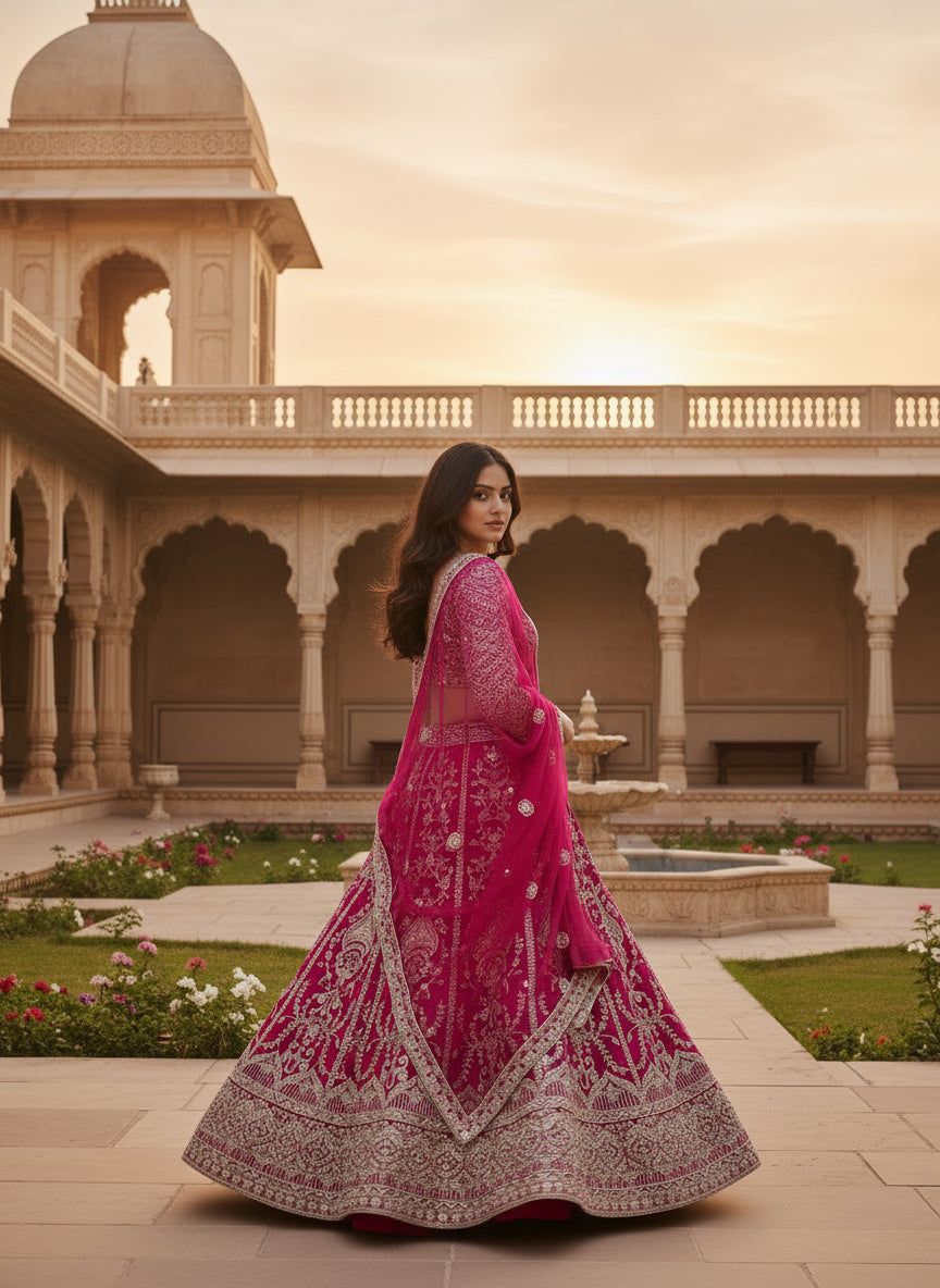 Regal Charm Hot Pink Butterfly Net Bridal Wear Royal Lehenga Choli And Dupatta