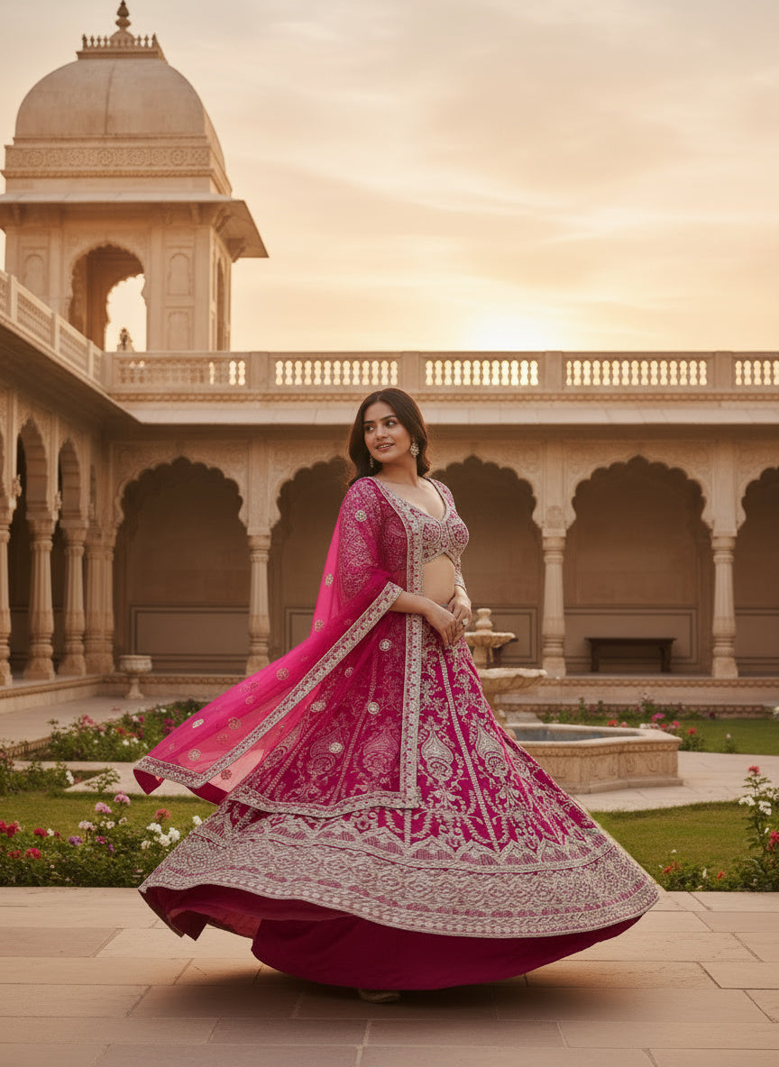 Regal Charm Hot Pink Butterfly Net Bridal Wear Royal Lehenga Choli And Dupatta