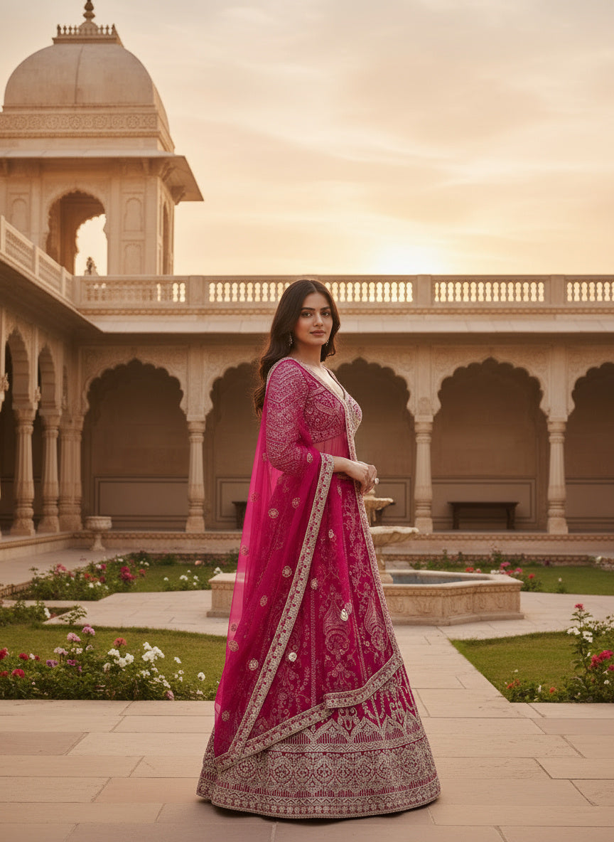 Regal Charm Hot Pink Butterfly Net Bridal Wear Royal Lehenga Choli And Dupatta