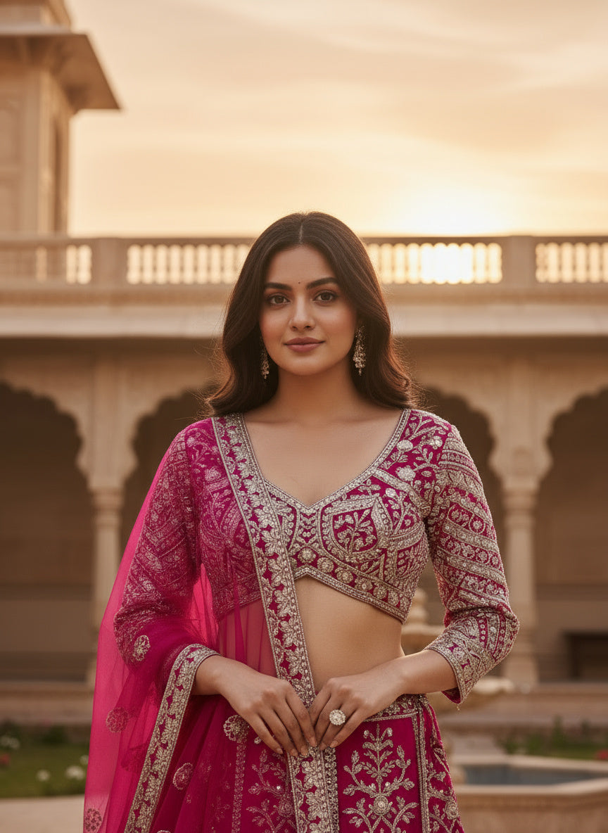 Regal Charm Hot Pink Butterfly Net Bridal Wear Royal Lehenga Choli And Dupatta