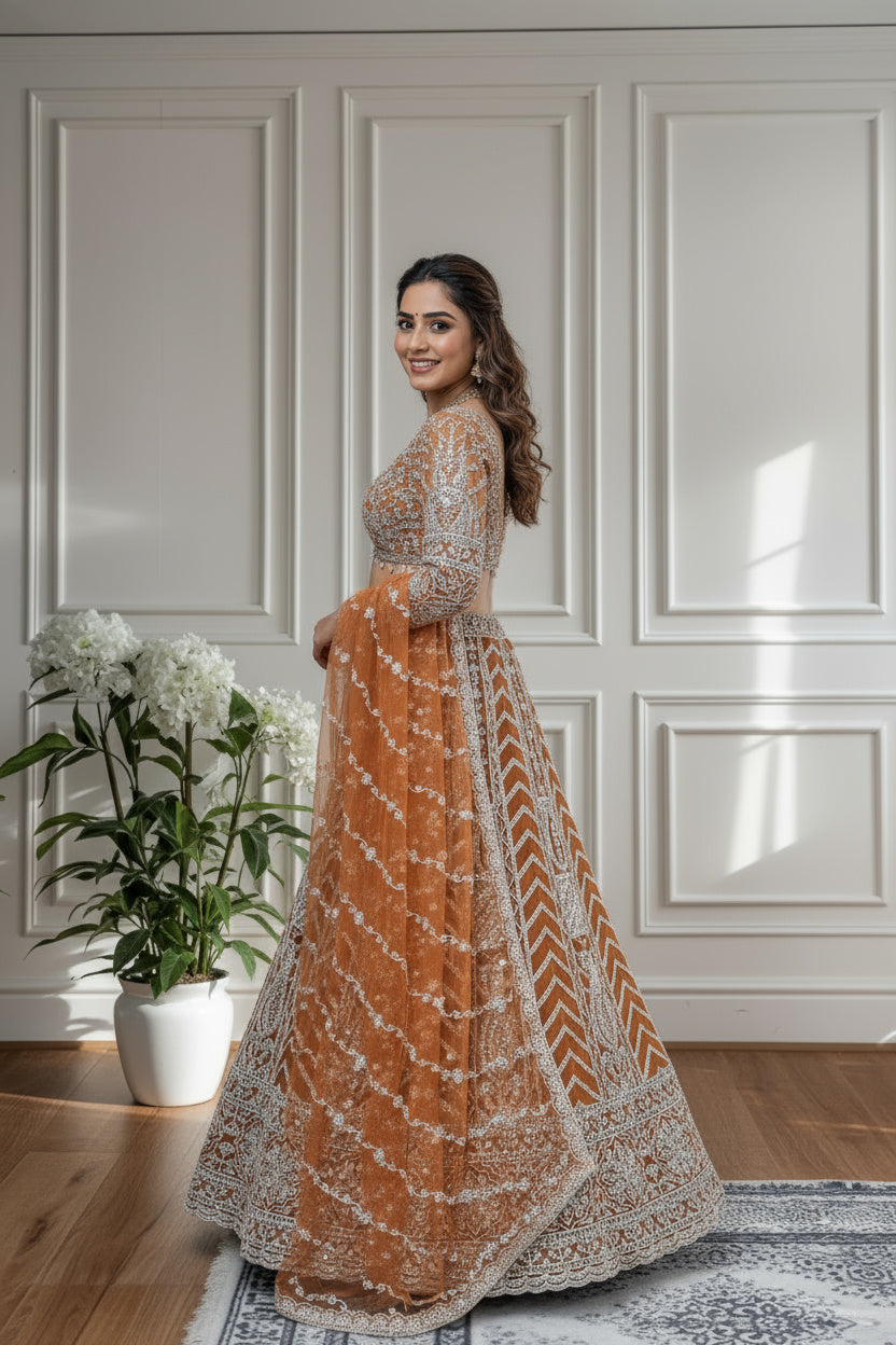 Intricate Rust Orange Butterfly Net Sequnce Designer Bridal Wear Lehenga Choli With Dupatta