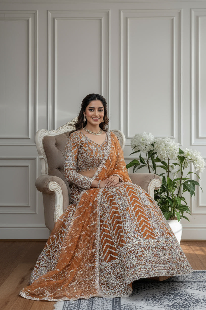Intricate Rust Orange Butterfly Net Sequnce Designer Bridal Wear Lehenga Choli With Dupatta