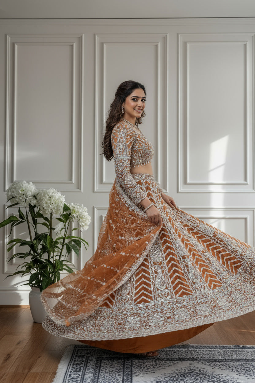 Intricate Rust Orange Butterfly Net Sequnce Designer Bridal Wear Lehenga Choli With Dupatta