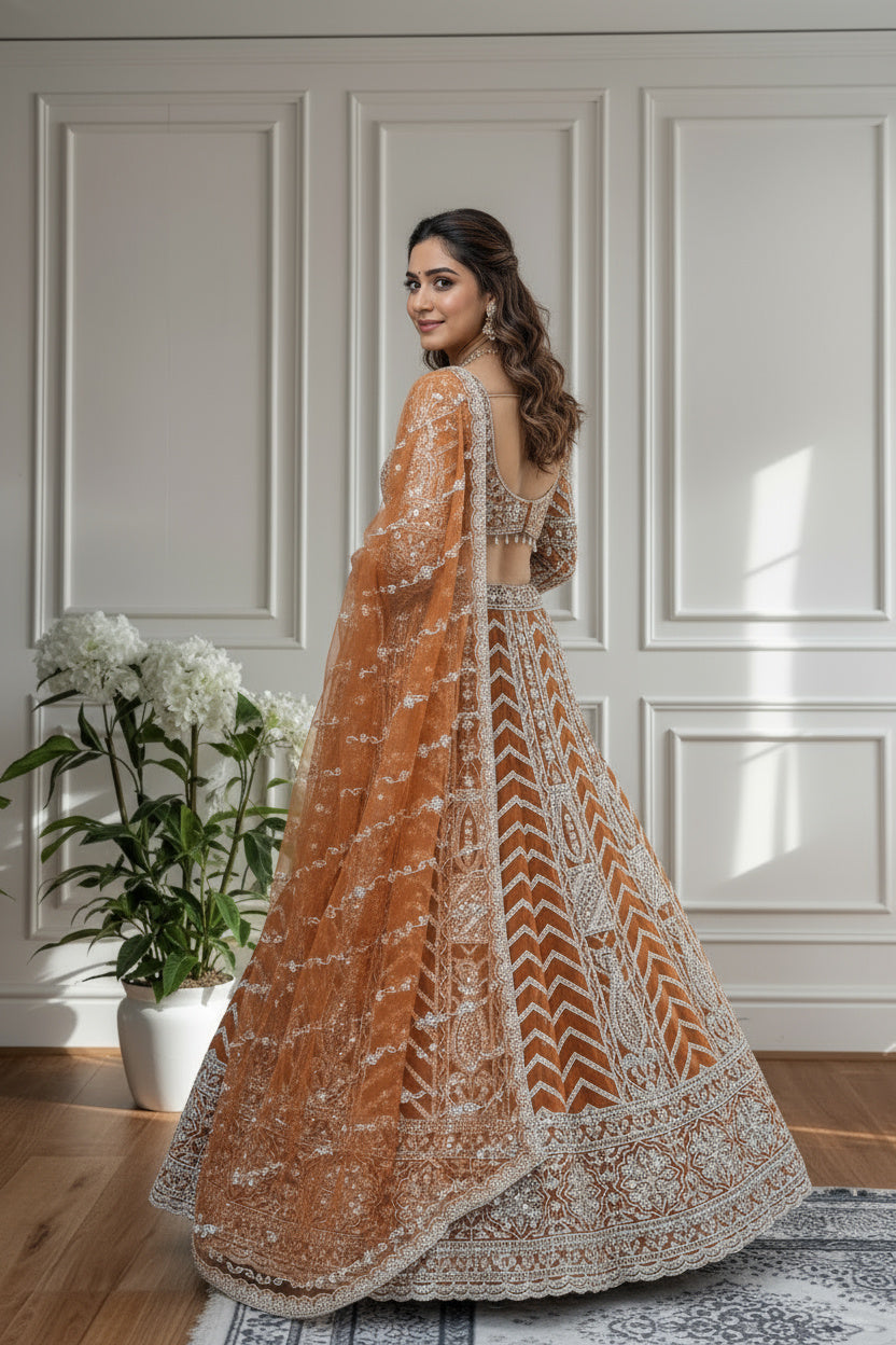 Intricate Rust Orange Butterfly Net Sequnce Designer Bridal Wear Lehenga Choli With Dupatta