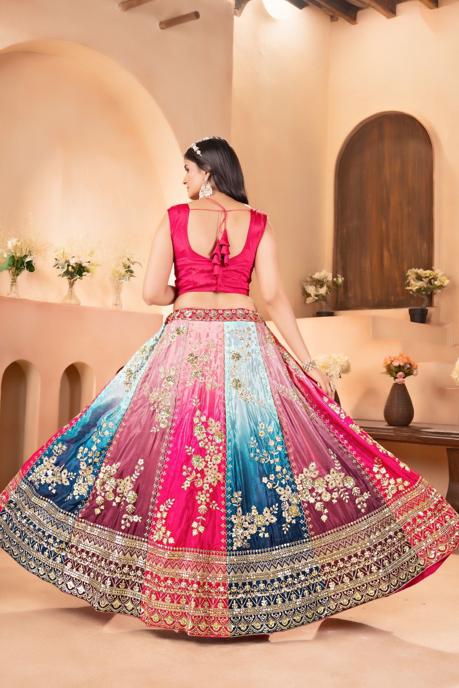 Impressive Multicolor Chinon Pedding Embroidery Sequence Designer Bridal Wear Lehenga Choli With Dupattta